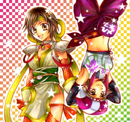 kunoichi (sengoku musou), nene, nene (sengoku musou), sengoku musou, sengoku musou 2, lowres, 2girls, :d, armpits, arms up, headband, loincloth, looking at viewer, multiple girls, ninja, open mouth, short hair, shoulder pads, smile, sparkle, tassel, thigh strap, upside-down