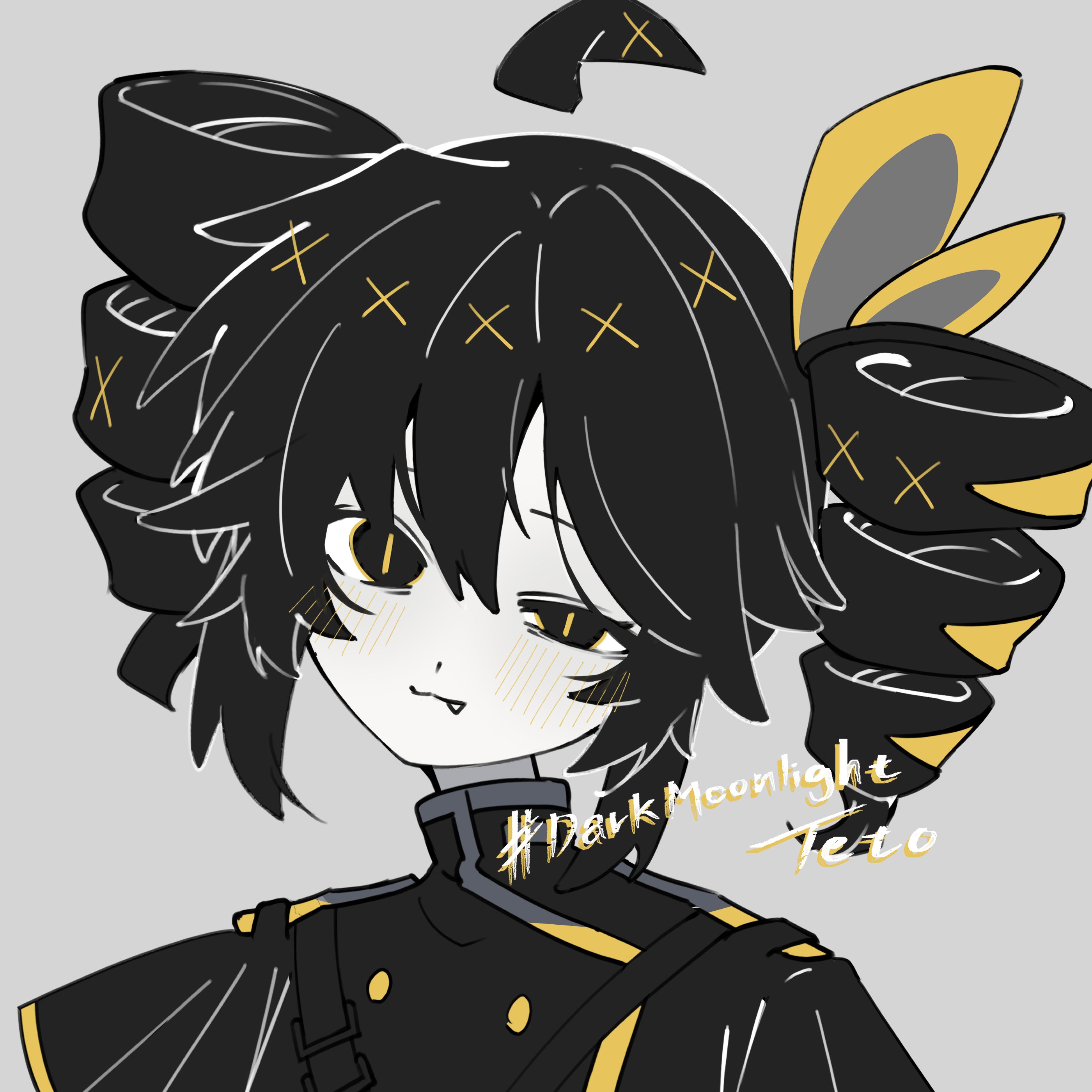 senri (hrydy o), kasane teto, kasane teto (sv), synthesizer v, absurdres, highres, alternate color, black eyes, black hair, black jacket, blush, buttons, closed mouth, drill hair, fang, fang out, grey background, jacket, looking at viewer, portrait, twin drills