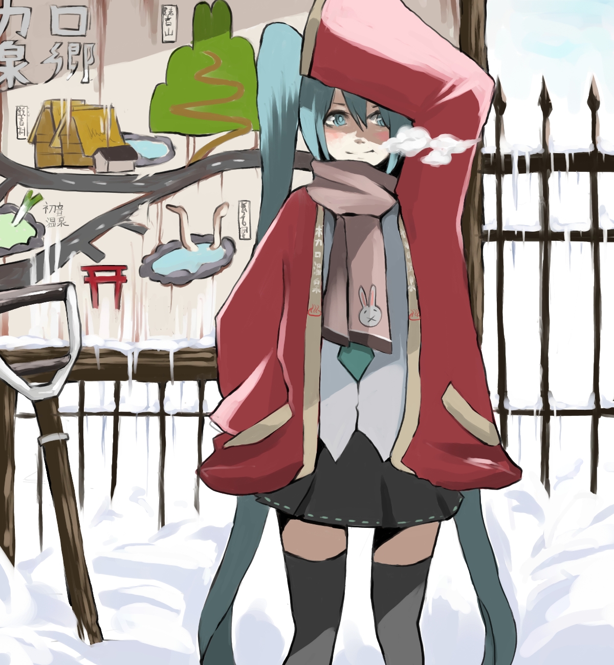 tansuke, hatsune miku, vocaloid, highres, blue eyes, blue hair, cold, long hair, scarf, skirt, smile, solo, thighhighs, twintails