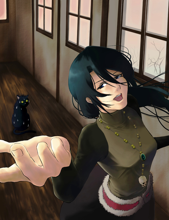 rakudakakirin, yamie, kure-nai, kurenai, bad id, bad pixiv id, 00s, 1girl, black hair, cat, female focus, jewelry, long hair, music, necklace, open mouth, singing, skull, solo, sweat