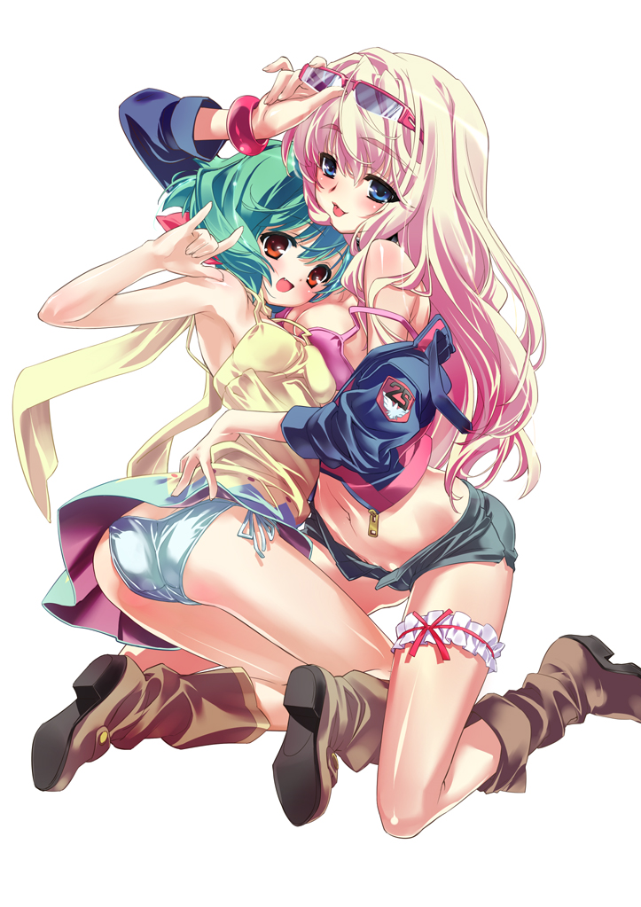 ashishun, takase yuu, ranka lee, sheryl nome, macross, macross frontier, 00s, 2girls, ass, blonde hair, blush, boots, breast press, breasts, denim, denim shorts, dress, glasses, green hair, hug, long hair, m/, multiple girls, open fly, panties, seikan hikou, shorts, side-tie panties, strap slip, symmetrical docking, underwear, unzipped, white panties, yuri