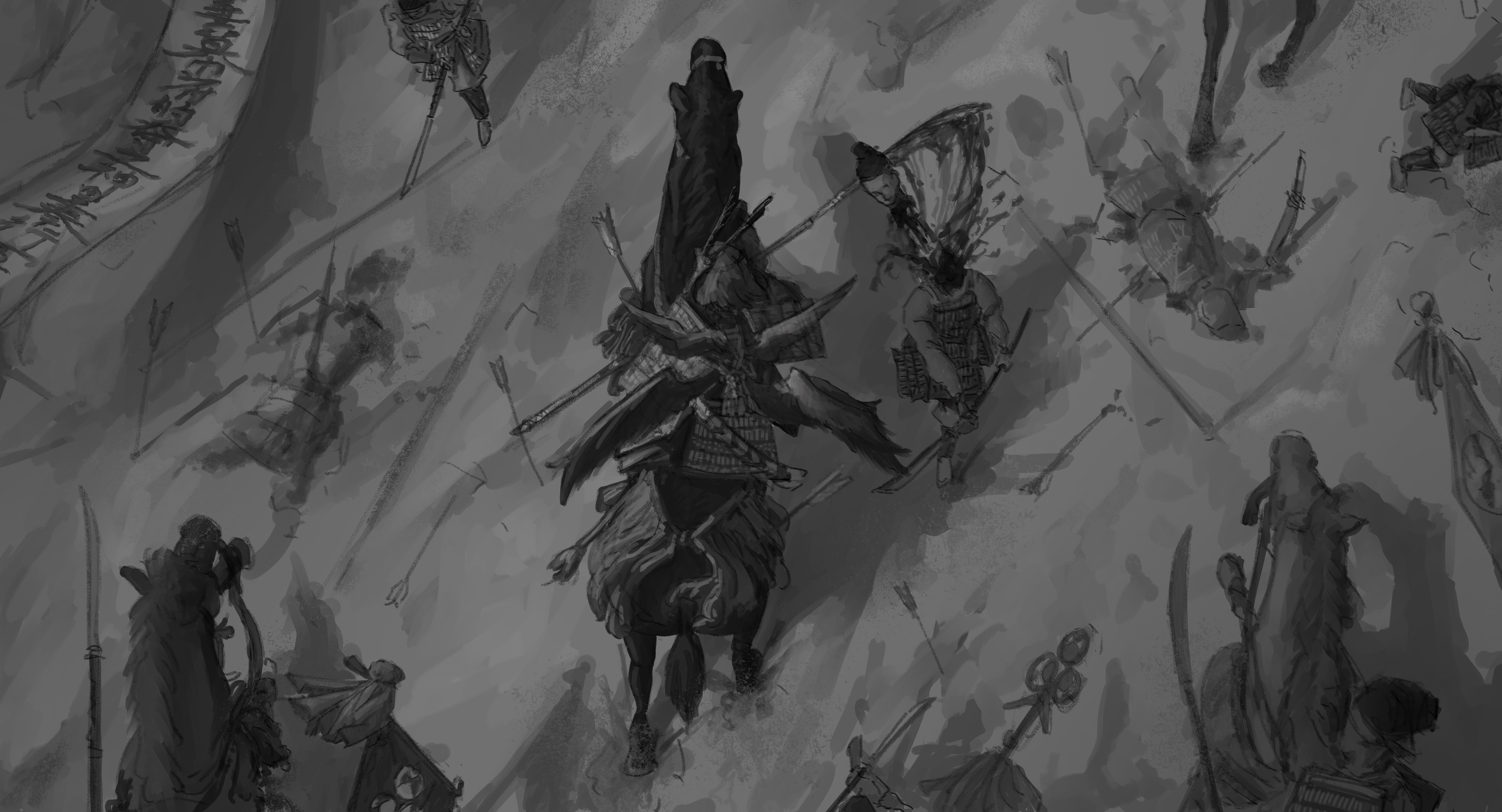 kujou sara, genshin impact, absurdres, highres, 1girl, armor, battle, blood, corpse, decapitation, from above, greyscale, holding, holding polearm, holding weapon, horseback riding, japanese armor, k0ushou, low wings, monochrome, naginata, polearm, riding, shoulder armor, sode, solo focus, spear, tengu, weapon, wings, yari