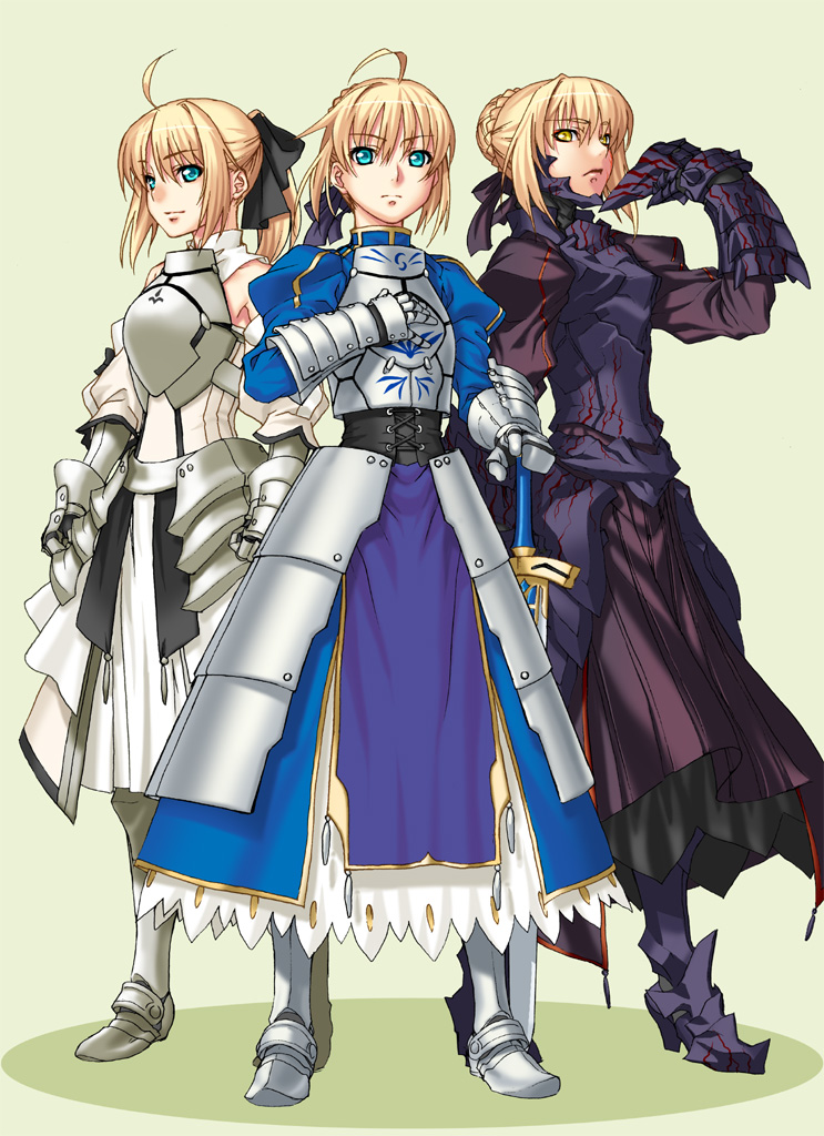 212 (kisaragi), artoria pendragon (fate), saber (fate), saber alter, saber alter (second ascension), saber lily, capcom, fate/stay night, fate/unlimited codes, fate (series), bad id, bad pixiv id, 00s, 3girls, ahoge, armor, armored dress, blonde hair, blue eyes, dress, dual persona, excalibur (fate/stay night), faulds, multiple girls, multiple persona, sword, weapon, yellow eyes
