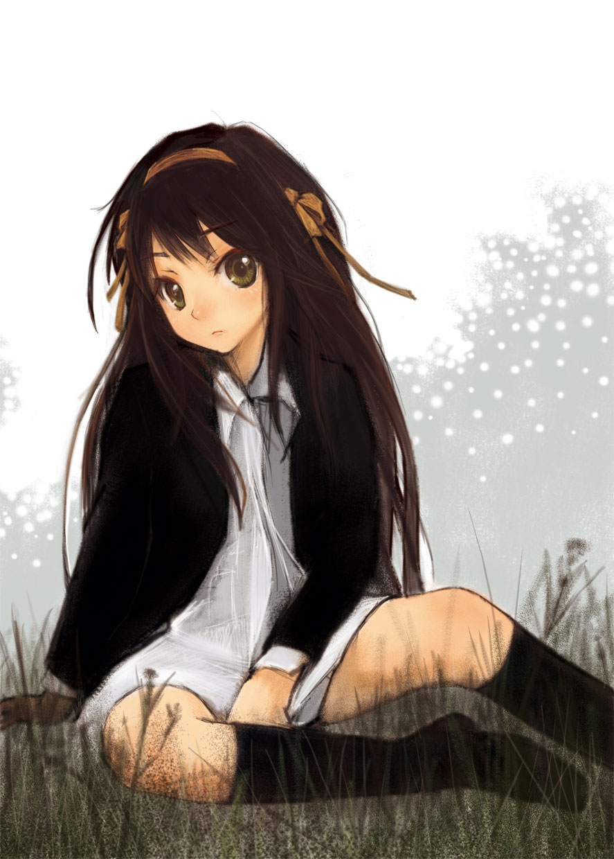 madokan suzuki, suzumiya haruhi, suzumiya haruhi no shoushitsu, suzumiya haruhi no yuuutsu, highres, 00s, 10s, 1girl, alternate costume, alternate hairstyle, blazer, brown hair, female focus, grass, hairband, jacket, kouyouen academy school uniform, long hair, no pants, official alternate hair length, official alternate hairstyle, school uniform, sitting, sketch, socks, solo, yellow eyes