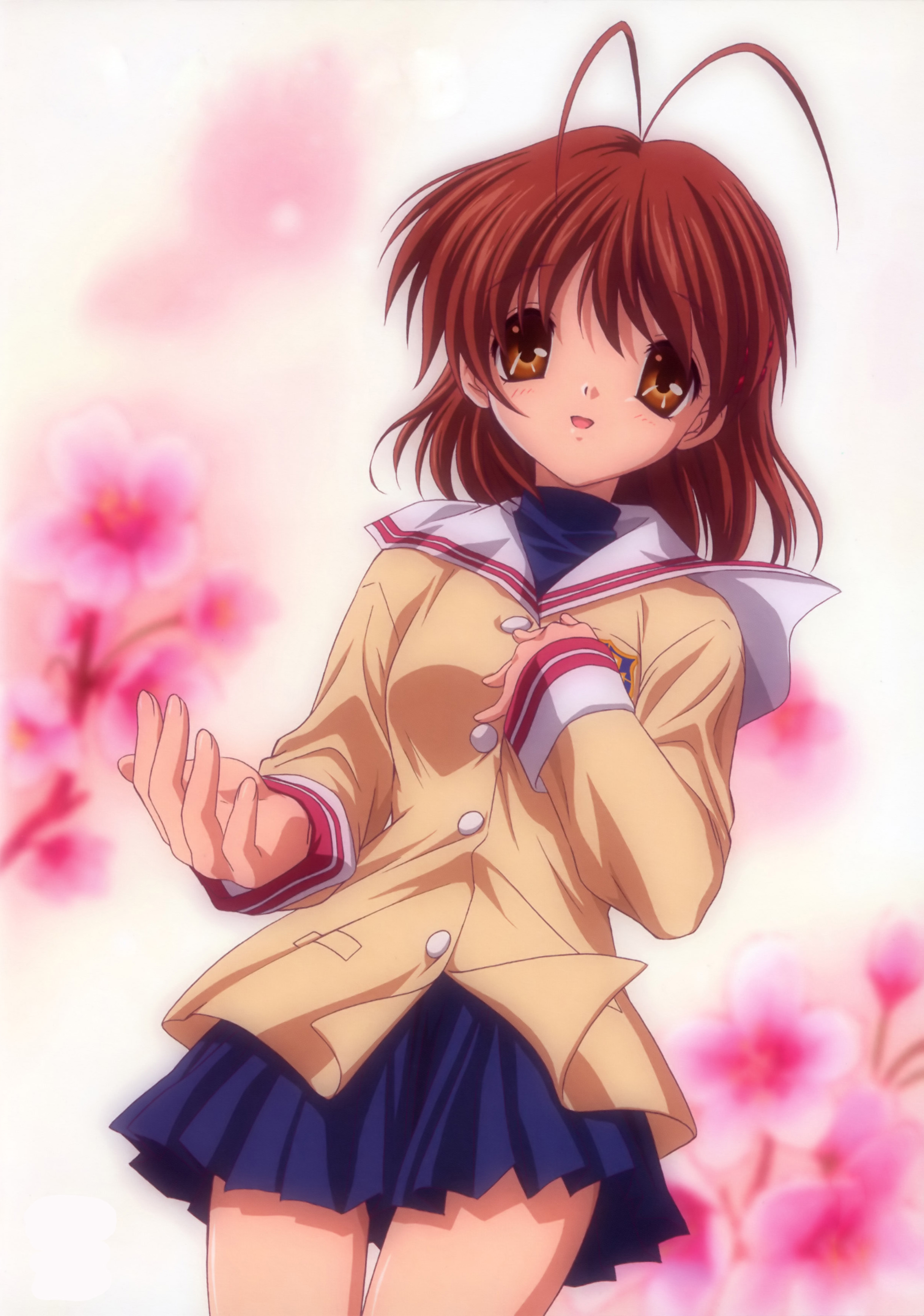 furukawa nagisa, clannad, absurdres, highres, official art, scan, 00s, 1girl, antenna hair, brown eyes, brown hair, cover, cover page, female focus, school uniform, serafuku, solo