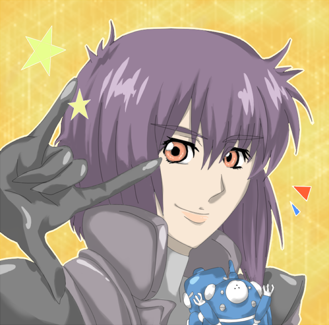 kusanagi motoko, tachikoma, ghost in the shell, ghost in the shell: stand alone complex, macross, macross frontier, bad id, bad pixiv id, 1girl, bad anatomy, crossover, female focus, gloves, m/, mecha, orange eyes, parody, poorly drawn, purple hair, robot, seikan hikou, short hair, smile, solo, star (symbol)