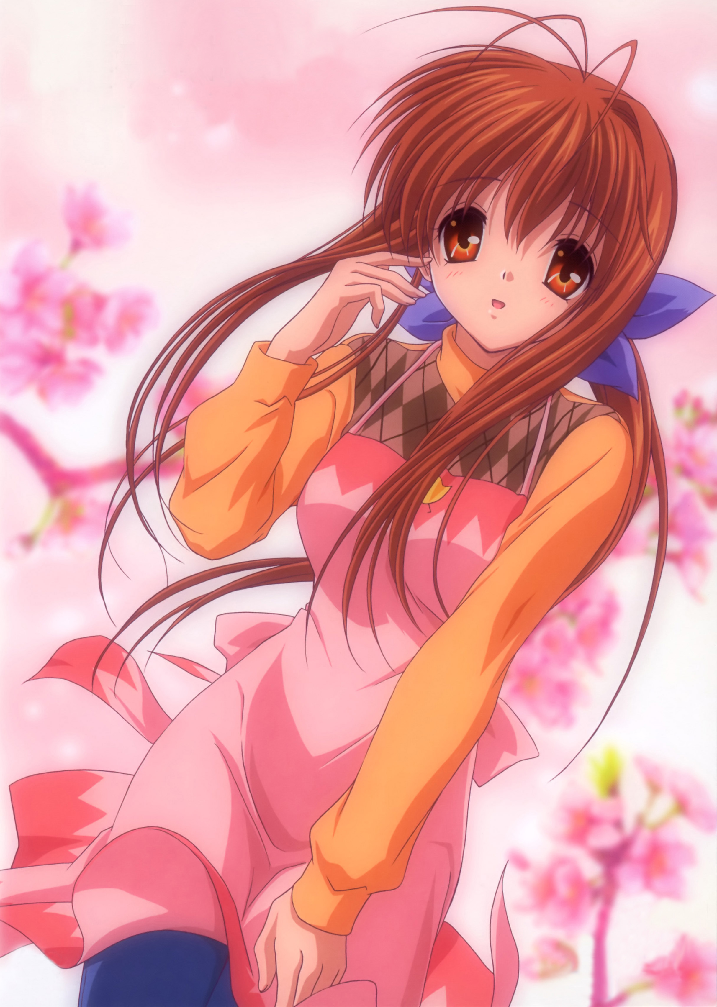 furukawa sanae, clannad, absurdres, highres, scan, 00s, 1girl, antenna hair, apron, bow, brown eyes, brown hair, cover, cover page, female focus, long hair, mature female, solo, very long hair