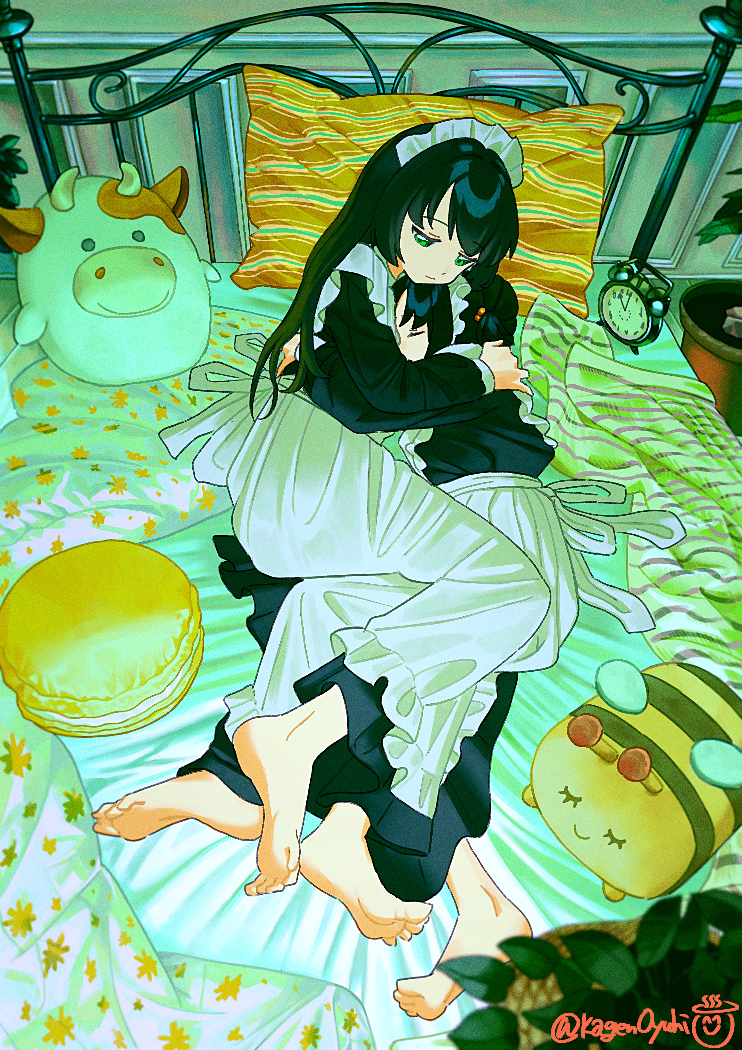 kagenoyuhi, original, absurdres, highres, 2girls, alarm clock, apron, artist name, barefoot, bed, black dress, black hair, blanket, clock, closed eyes, closed mouth, dress, food, frilled apron, frills, full body, green eyes, half-closed eyes, hug, indoors, long dress, long hair, long sleeves, macaron, maid, maid apron, maid headdress, multiple girls, on bed, pillow, plant, potted plant, sleeping, slice of life, stuffed bee, stuffed cow, stuffed food, stuffed toy, twitter username, white apron