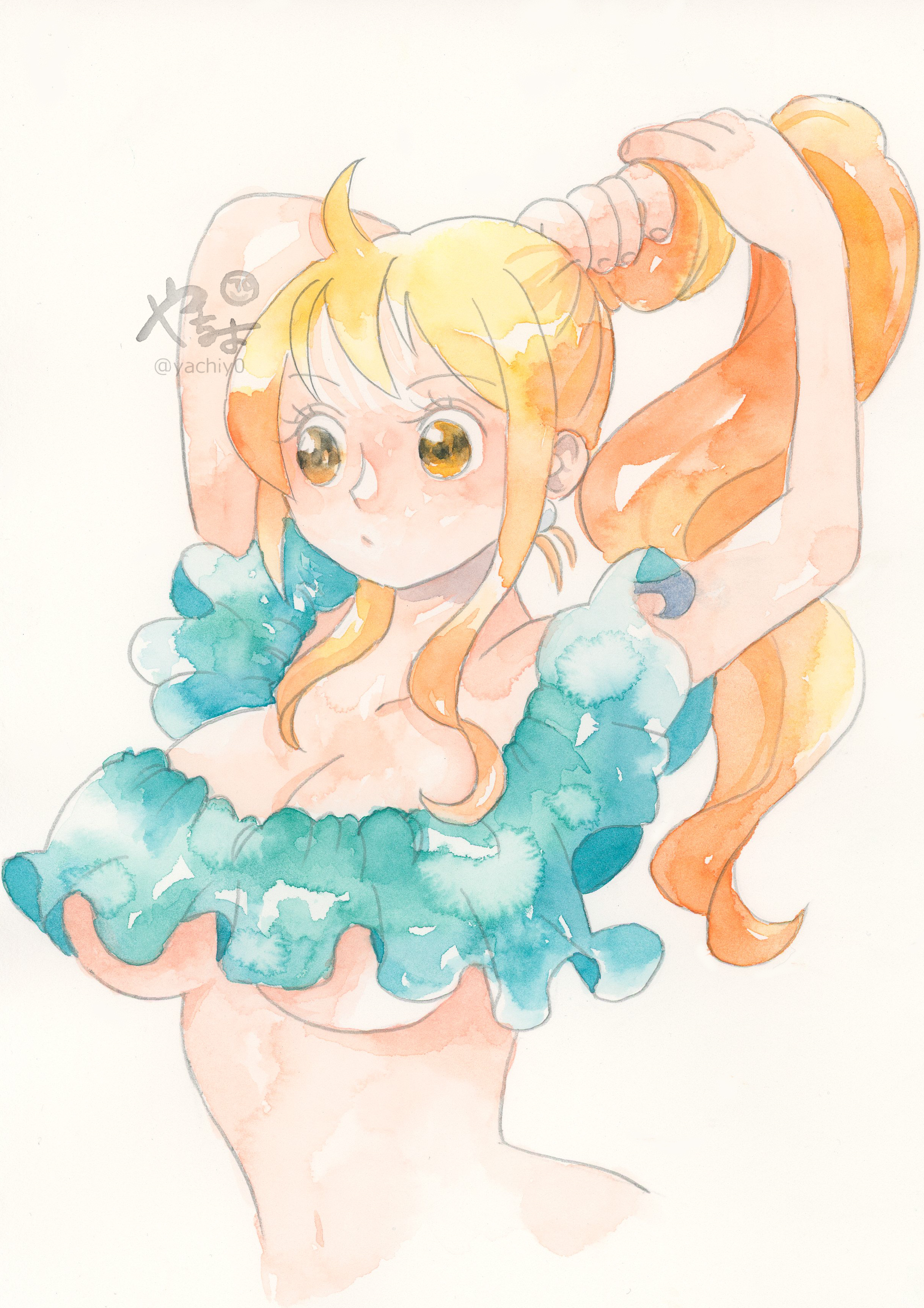 yachiy0, nami (one piece), one piece, absurdres, commentary request, highres, traditional media, 1girl, arms up, blue shirt, breasts, brown eyes, cleavage, closed mouth, cropped shirt, frilled shirt, frills, high ponytail, holding, holding own hair, large breasts, long hair, midriff, navel, orange hair, ponytail, shirt, sidelocks, signature, simple background, solo, stomach, twitter username, underboob, upper body, wavy hair