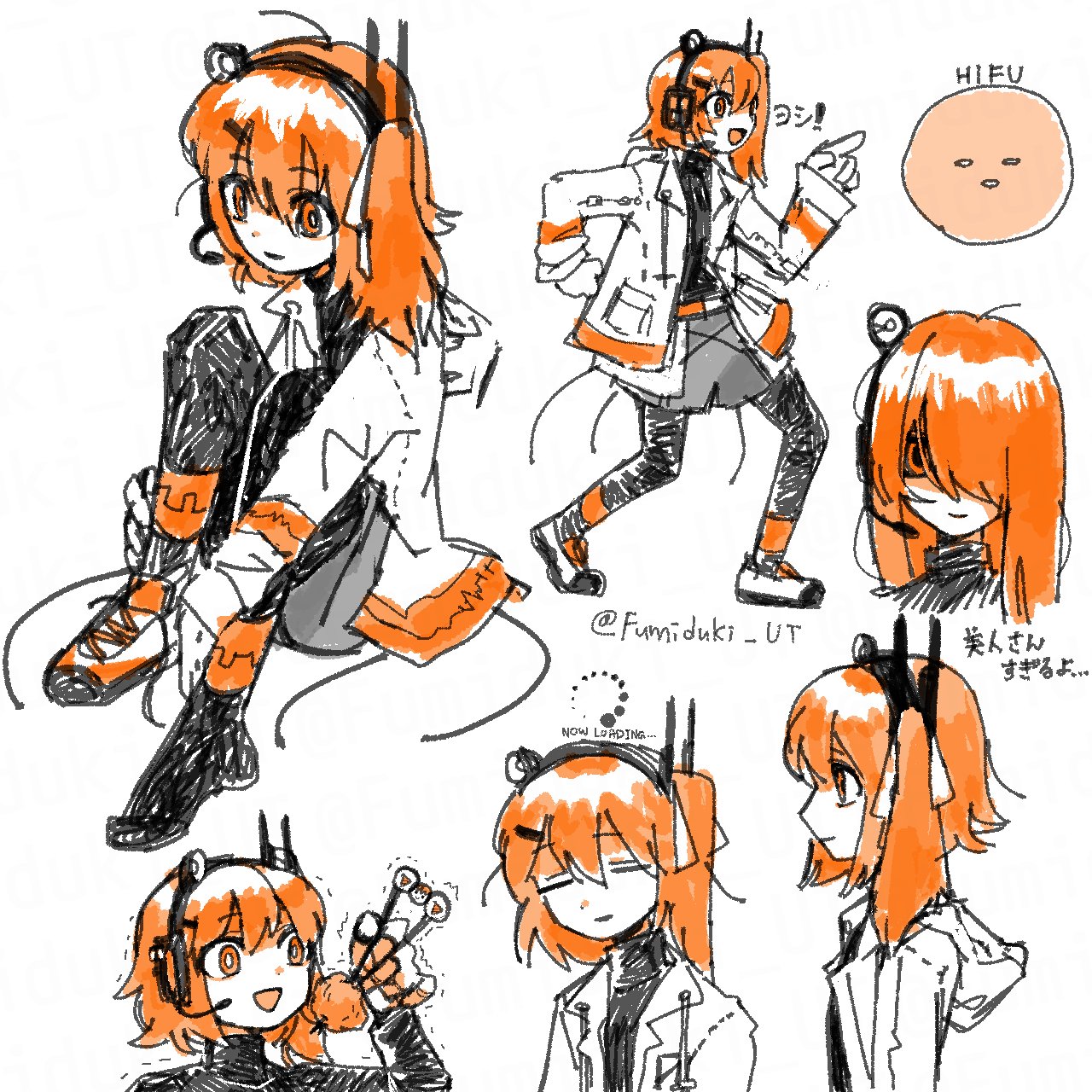 adachi rei, a.i. voice, utau, commentary request, highres, translation request, 1girl, adjusting footwear, black pantyhose, black shirt, buffering, chicken (food), chopsticks, closed mouth, food, fried chicken, fumizuki fumi, genba neko (meme), grey shorts, hair down, hair over one eye, hair ribbon, headset, holding, holding chopsticks, holding with chopsticks, hood, hood down, hooded jacket, jacket, loading icon, long hair, long sleeves, medium hair, meme, multiple views, official alternate hairstyle, one side up, open mouth, orange eyes, orange hair, pantyhose, pantyhose under shorts, pointing, radio antenna, ribbon, shirt, shoes, shorts, simple background, smile, sneakers, trembling, twitter username, white background, white ribbon