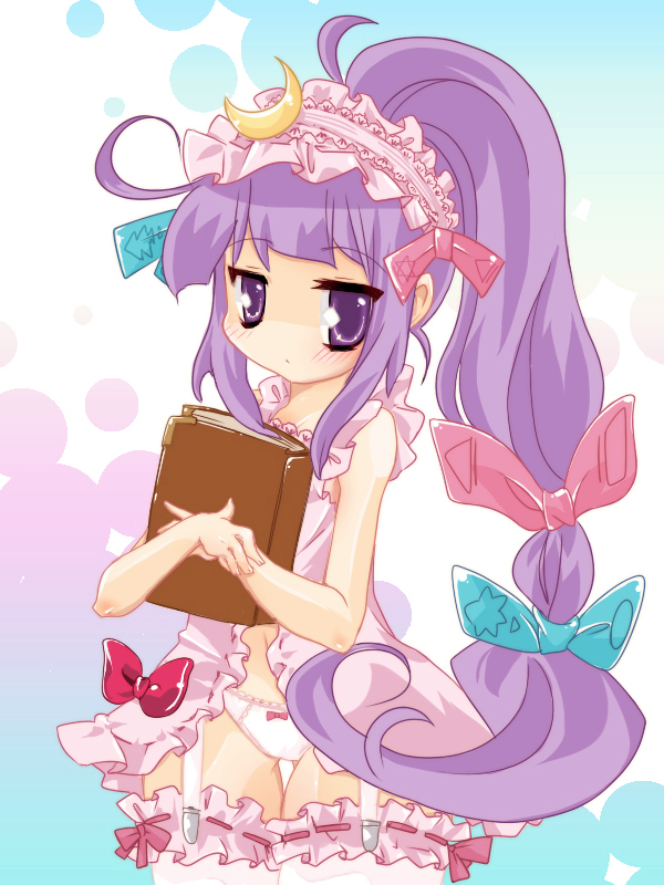 momosuu, sakurai momo (rabbit), patchouli knowledge, touhou, 1girl, alternate hairstyle, book, bow, bow panties, female focus, frilled thighhighs, frills, garter straps, lace, lace-trimmed panties, lace trim, lingerie, long hair, panties, pink bow, ponytail, purple hair, ribbon, solo, thighhighs, underwear, white panties