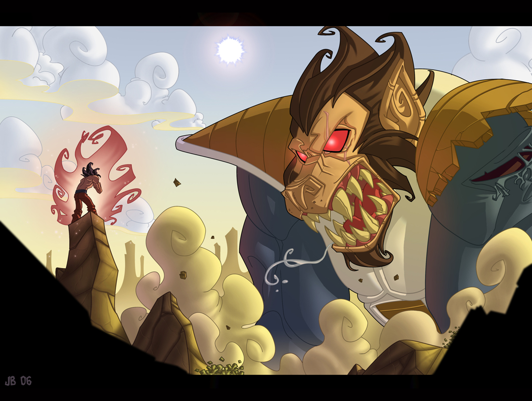 javier burgos, oozaru, son goku, vegeta, dragon ball, dragonball z, 1boy, armor, aura, cloud, fangs, glowing, glowing eyes, kaioken, letterboxed, monster, outdoors, red eyes, sky, stylized, sun, super saiyan, transformation