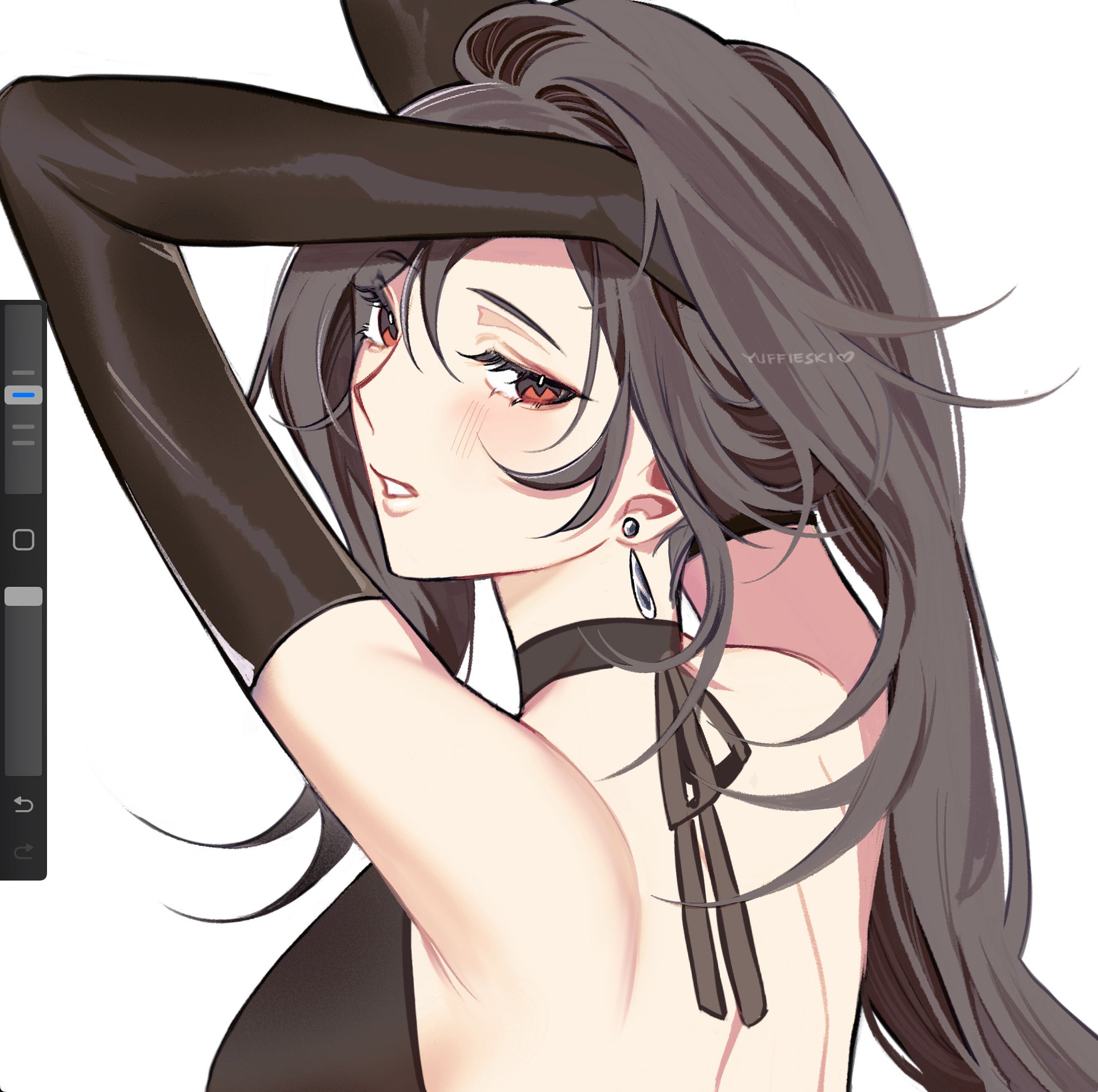 yuffieski, tifa lockhart, final fantasy, final fantasy vii, commentary, english commentary, highres, 1girl, alternate costume, arms up, art program in frame, back, backless dress, backless outfit, bare shoulders, black choker, black dress, black gloves, black hair, blush, choker, dress, earrings, elbow gloves, eyelashes, from behind, gloves, halterneck, hand in own hair, jewelry, long hair, looking at viewer, looking back, parted lips, red eyes, single earring, solo, upper body