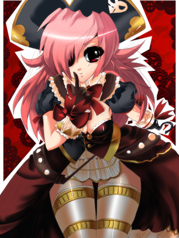 captain dolce, dolce, trusty bell, 1girl, breasts, eyepatch, female focus, gloves, hat, hook, medium breasts, pink hair, pirate, ribbon, solo, thighhighs, zettai ryouiki