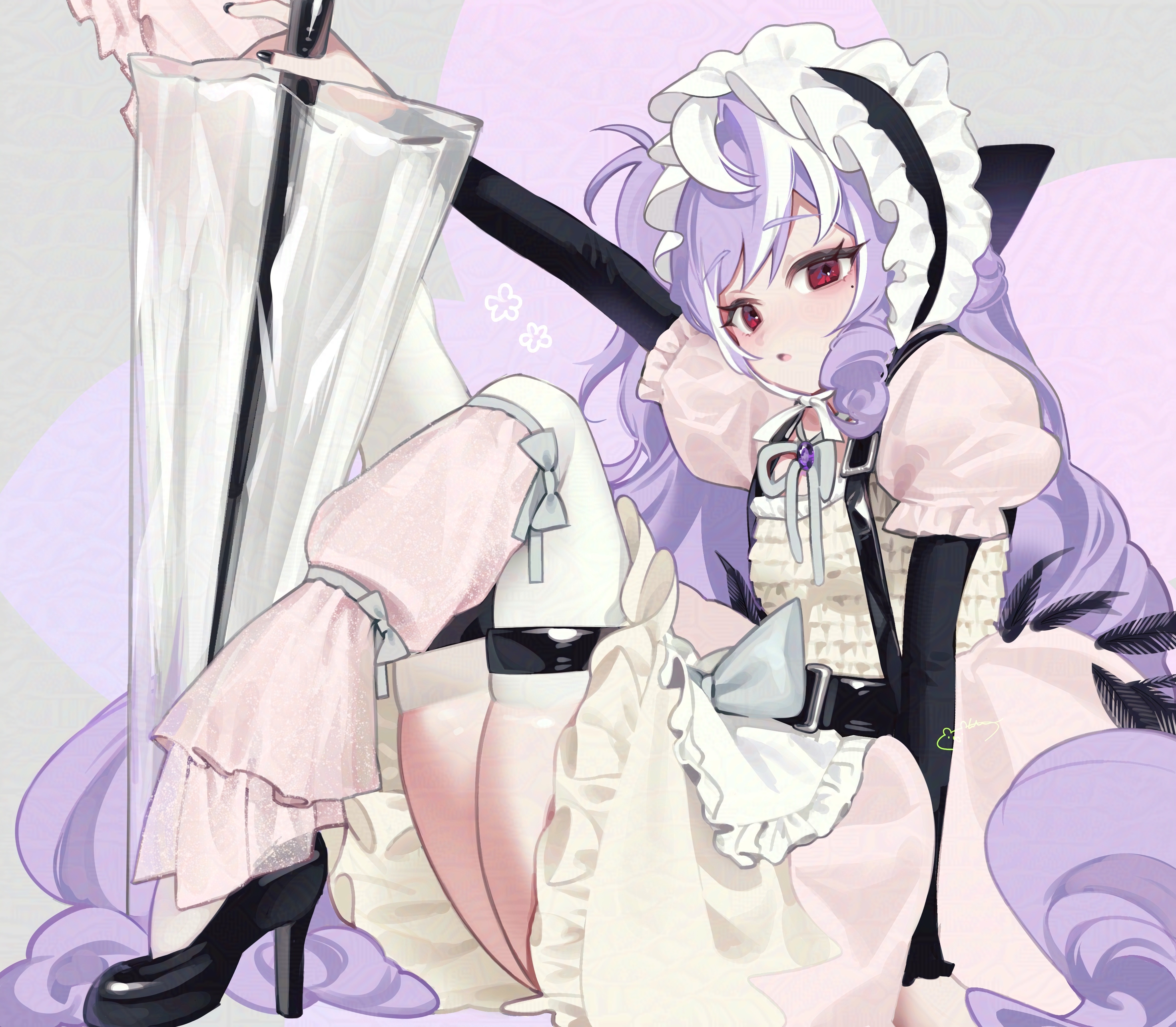 vivian banshee, zenless zone zero, absurdres, highres, :o, apron, black nails, black shoes, black sleeves, bow, bowtie, dress, flat chest, full body, holding, holding umbrella, jewelry, lolita fashion, long hair, long sleeves, looking at viewer, mole, mole under eye, necklace, open mouth, pink dress, purple hair, red eyes, shoes, simple background, solo, umbrella, user wyvk4722, white apron, white bow, white bowtie