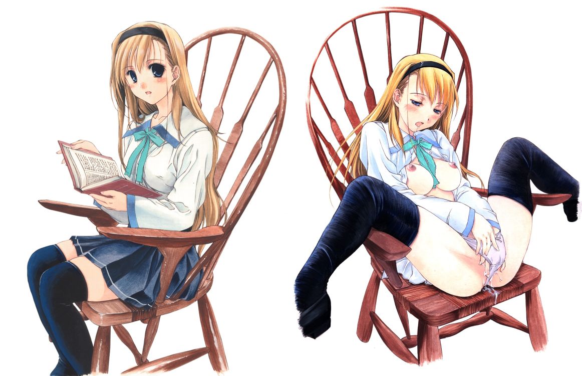 nishiki yoshimune, techgian, duplicate, non-web source, 1girl, blonde hair, blue eyes, blush, book, bow, bow panties, breasts, chair, female masturbation, fingering, hairband, hand in panties, large breasts, long hair, masturbation, medium breasts, nipples, on chair, open book, open clothes, open shirt, panties, pussy juice, reading, shirt, sitting, skirt, spread legs, thighhighs, underwear, upskirt, white panties
