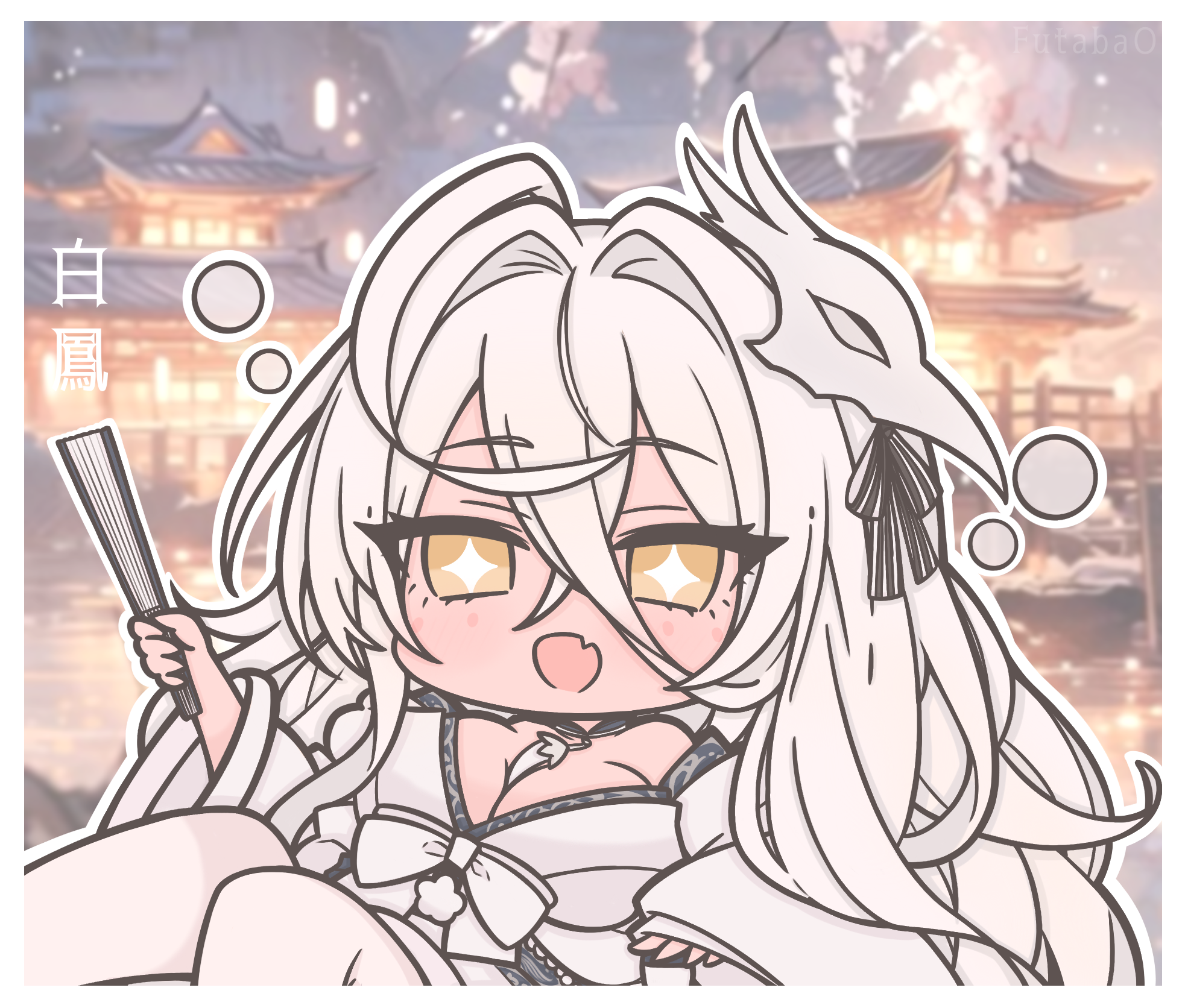 futaba (anti clockwise), hakuhou (azur lane), azur lane, commentary, highres, symbol-only commentary, + +, 1girl, ai-generated background, breasts, chibi, chibi only, cleavage, fang, folded fan, folding fan, hair between eyes, hair intakes, hand fan, holding, holding fan, japanese clothes, kimono, large breasts, long hair, long hair between eyes, mask, mask on head, open mouth, pantyhose, sash, skin fang, solo, very long hair, white hair, white kimono, white pantyhose, white sash, white theme