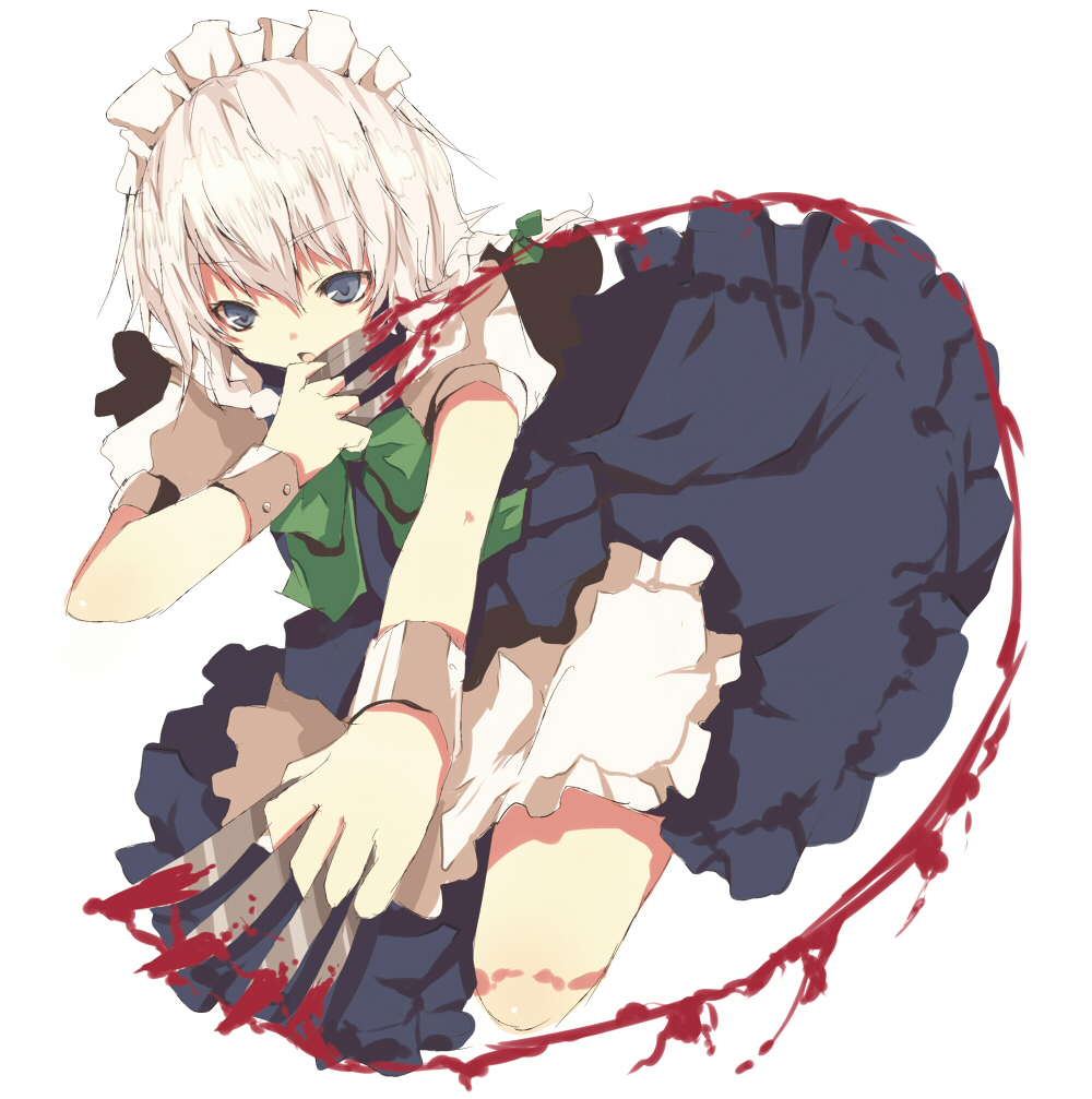 tetsuo (tashirosu), izayoi sakuya, touhou, bad id, bad pixiv id, 1girl, blood, blue eyes, braid, female focus, knife, short hair, solo, twin braids, white hair