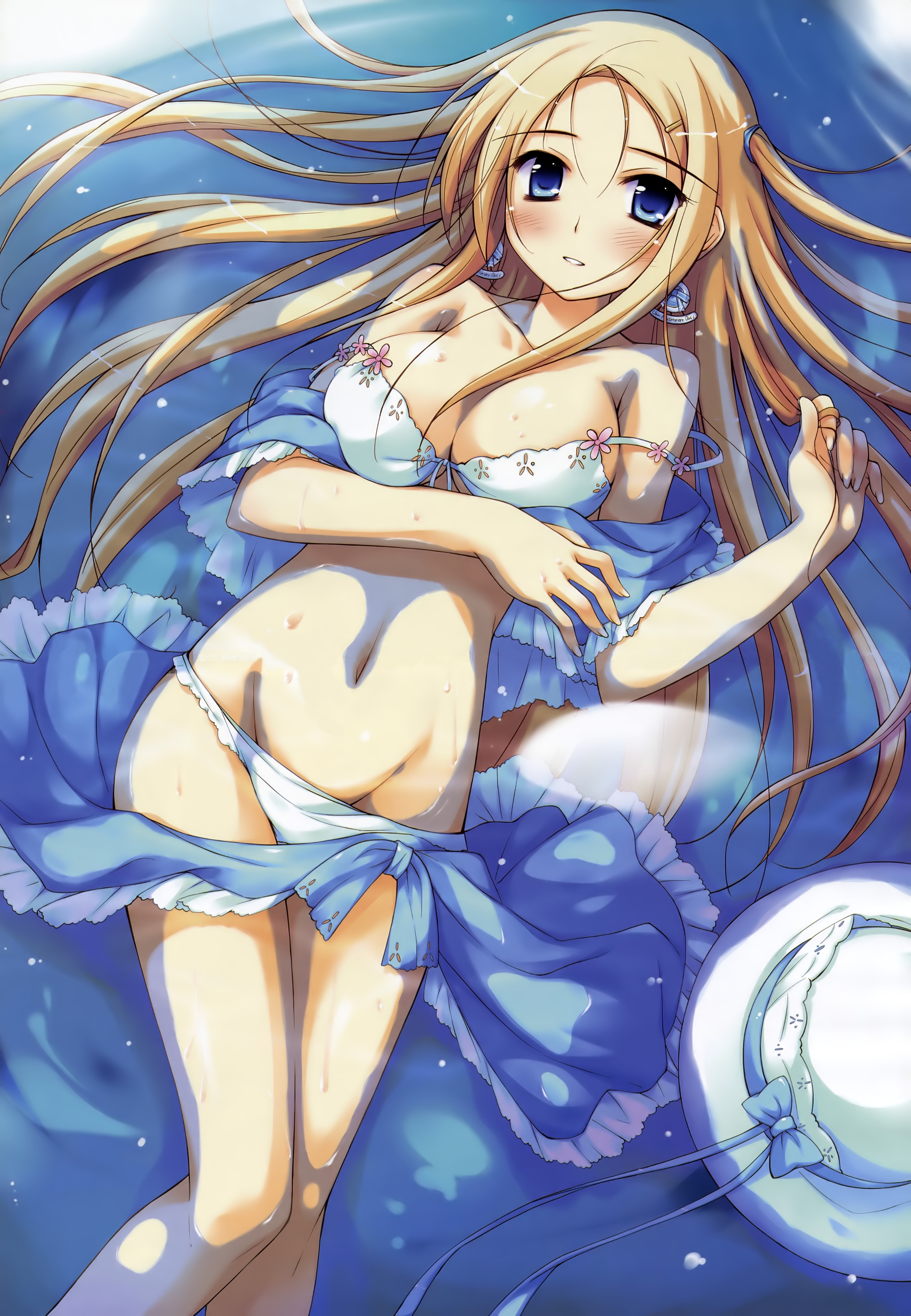ko~cha, carina verritti, shukufuku no campanella, windmill (company), absurdres, highres, non-web source, 1girl, bikini, blonde hair, blue eyes, blush, bra, breasts, earrings, female focus, groin, hair ornament, hairclip, hairpin, hat, jewelry, large breasts, lingerie, long hair, lying, panties, smile, solo, swimsuit, underwear, undressing, water, white panties