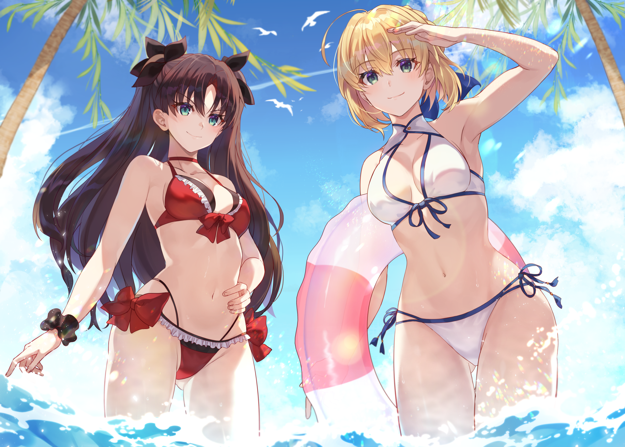shanabi0610, artoria pendragon (fate), saber (fate), tohsaka rin, fate (series), commission, commissioner upload, highres, skeb commission, 2girls, alternate costume, bikini, blonde hair, blue sky, breasts, closed mouth, cloud, hand on own hip, looking at viewer, medium breasts, multiple girls, red bikini, salute, sky, swimsuit, water, white bikini