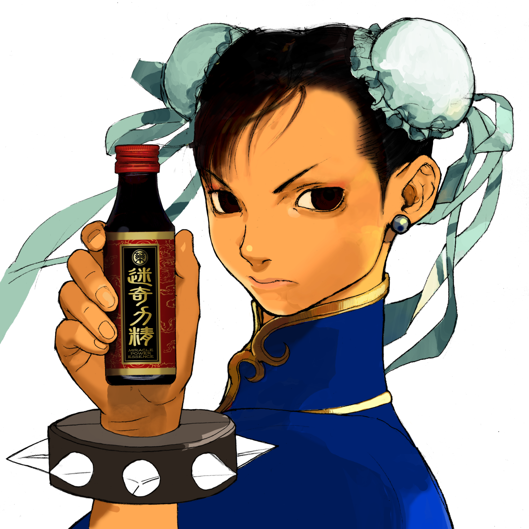 harumaru, chun-li, capcom, street fighter, street fighter iii (series), game cg, highres, non-web source, official art, 1girl, bottle, bracelet, brown eyes, brown hair, bun cover, china dress, chinese clothes, double bun, dress, earrings, from side, hair bun, jewelry, product placement, solo, spiked bracelet, spikes, studded bracelet