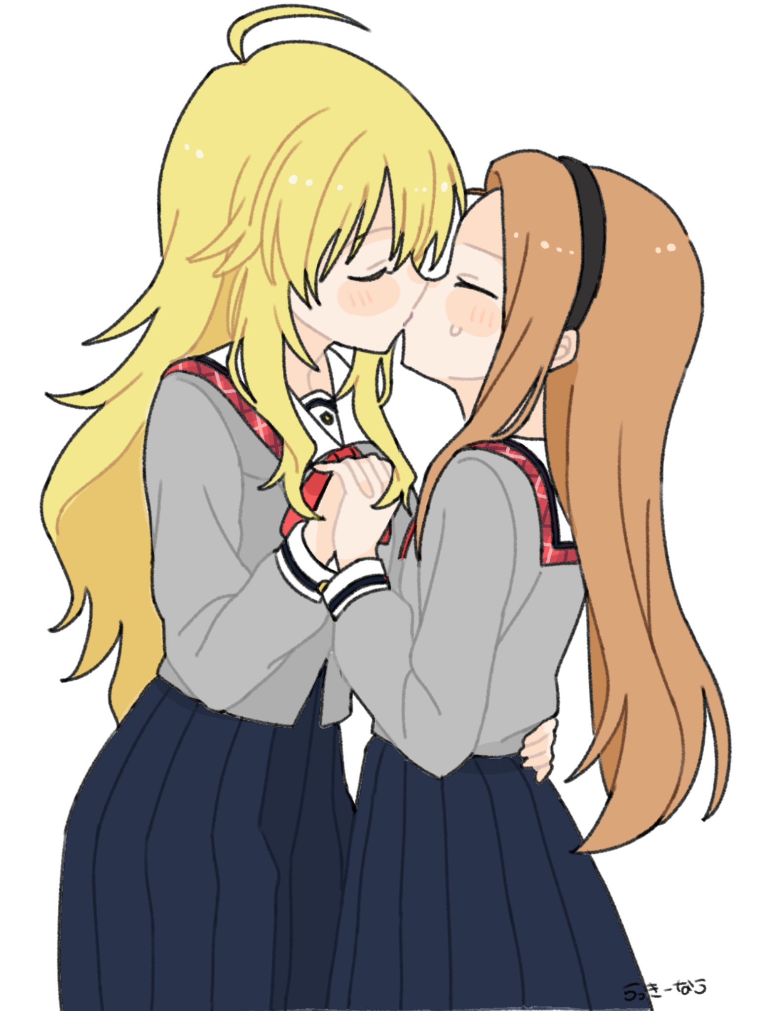 hoshii miki, minase iori, idolmaster, idolmaster (classic), highres, ahoge, artist name, black hairband, blonde hair, blue skirt, blush, brown hair, closed eyes, cowboy shot, forehead, from side, grey shirt, hairband, hand on another's waist, hand up, holding hands, kiss, long hair, long sleeves, lucky now, plaid clothes, plaid sailor collar, pleated skirt, red sailor collar, sailor collar, school uniform, serafuku, shirt, simple background, skirt, straight hair, sweatdrop, two-tone sailor collar, white background, white sailor collar, yuri
