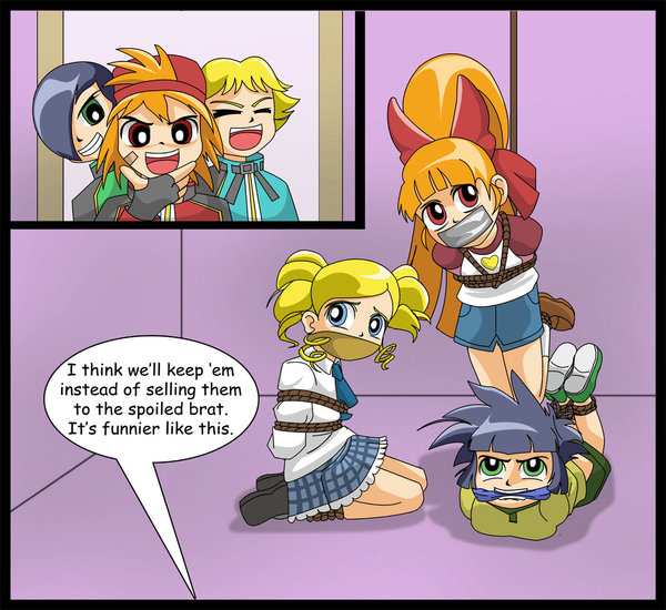 akazutsumi momoko, boomer (ppg), brick (ppg), butch (ppg), goutokuji miyako, matsubara kaoru, powerpuff girls, powerpuff girls z, artist request, source request, 00s, 3boys, 3girls, bdsm, black hair, blue eyes, bondage, bound, cleave gag, cloth gag, gag, gagged, green eyes, hogtie, improvised gag, loli, multiple boys, multiple girls, orange hair, pink eyes, ponytail, rowdyruff boys, scared, skirt, suspension, tape, tape gag