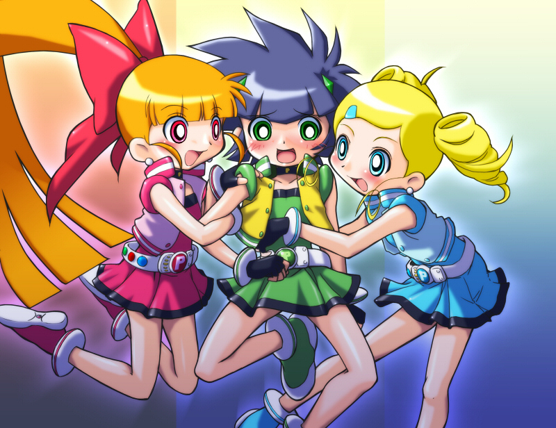 yoshi (crossmind), akazutsumi momoko, goutokuji miyako, hyper blossom, matsubara kaoru, powered buttercup, rolling bubbles, cartoon network, powerpuff girls, powerpuff girls z, tagme, 00s, 3girls, black hair, blonde hair, blue eyes, blush, green eyes, multiple girls, orange hair, pink eyes