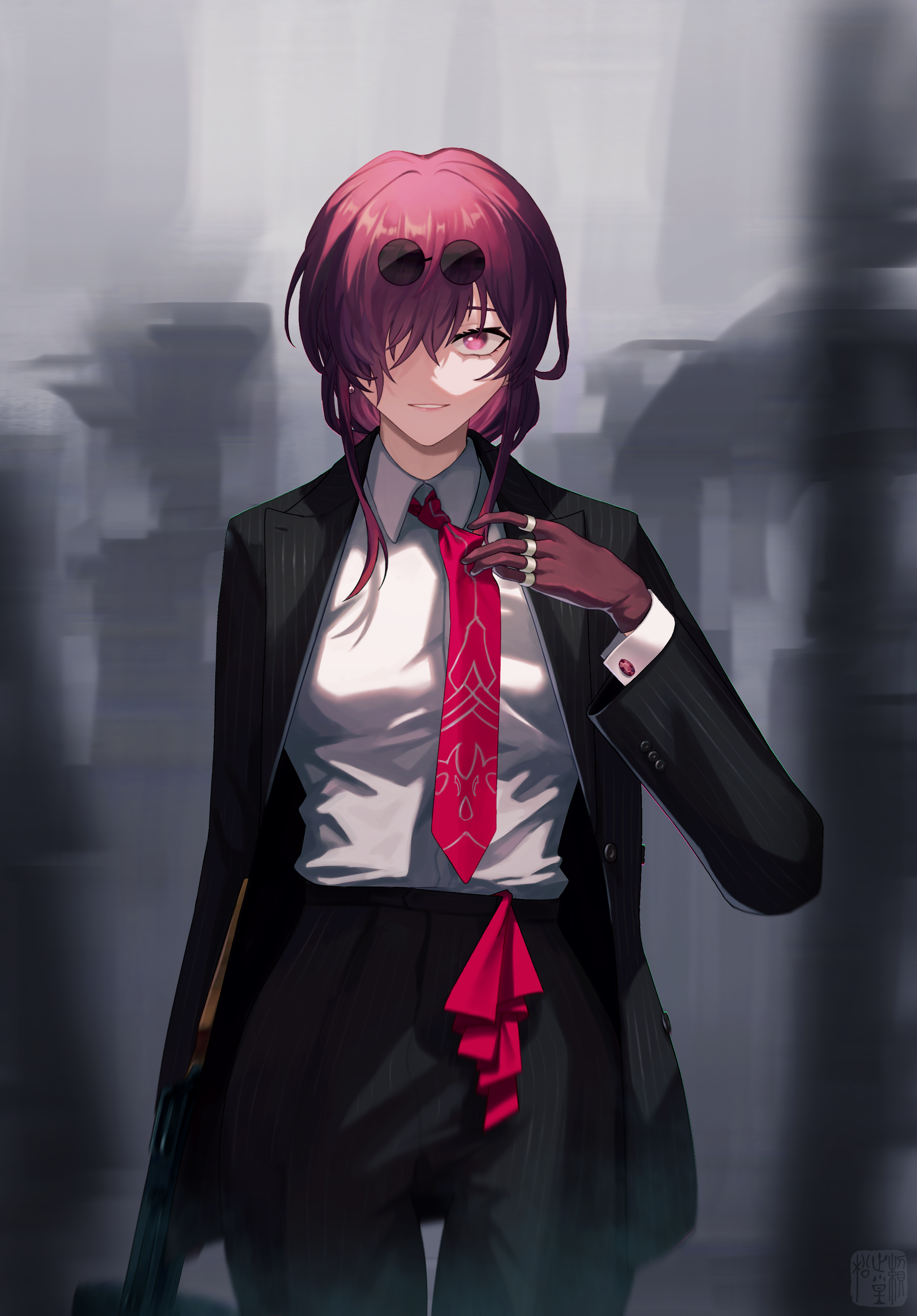 kafka (honkai: star rail), honkai: star rail, honkai (series), absurdres, highres, 1girl, adjusting clothes, adjusting necktie, black pants, blurry, blurry background, collared shirt, cowboy shot, gloves, gun, k0ushou, looking at viewer, mafia, necktie, one eye covered, orange eyes, pants, partially shaded face, pinstripe jacket, pinstripe pattern, purple gloves, purple hair, red necktie, shirt, solo, submachine gun, sunglasses, thompson submachine gun, weapon, white shirt