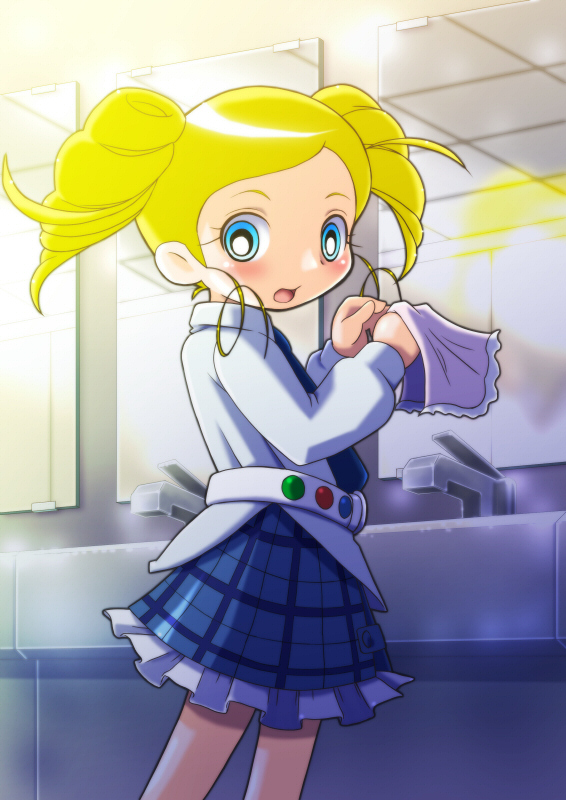 yoshi (crossmind), goutokuji miyako, cartoon network, powerpuff girls, powerpuff girls z, tagme, 00s, bathroom, blonde hair, blue eyes, blush, drill hair, open mouth, skirt, twintails