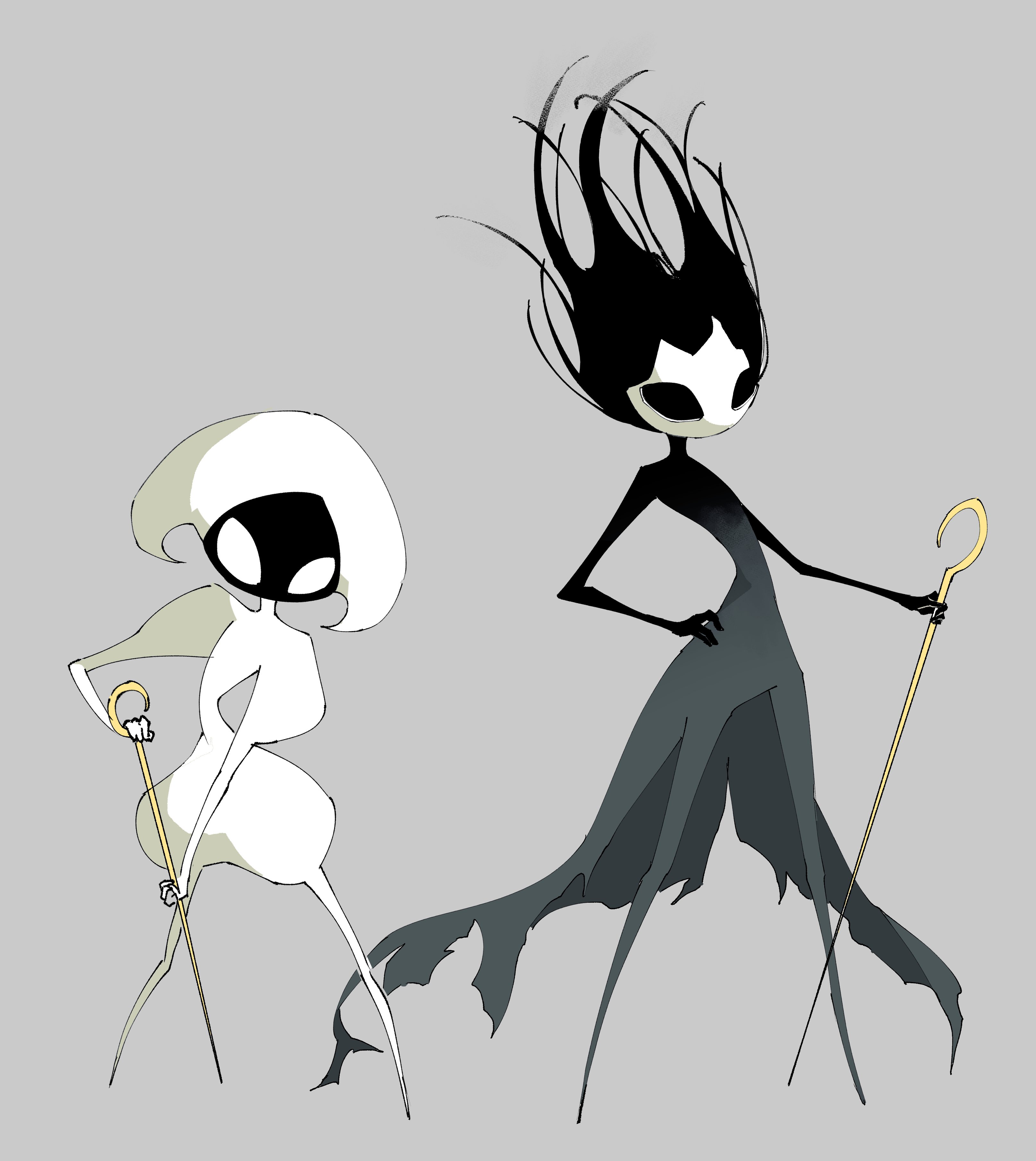 lace (hollow knight), hollow knight, hollow knight: silksong, absurdres, highres, 1girl, 1other, arthropod girl, black eyes, black hair, colored skin, floating hair, grey background, hand on own hip, holding, holding weapon, hollow eyes, phantom (hollow knight), pin (hollow knight), sema beza, simple background, standing, weapon, white eyes, white skin