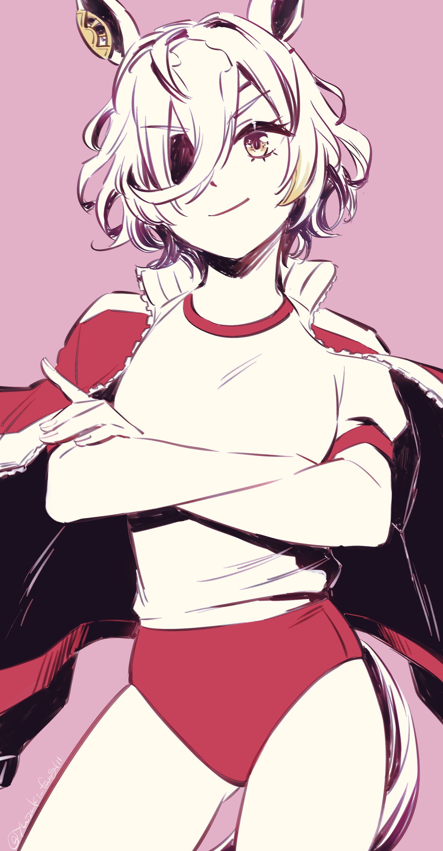 yuzuki v, tanino gimlet (umamusume), umamusume, absurdres, highres, >:), 1girl, animal ears, brown eyes, buruma, closed mouth, cowboy shot, crossed arms, eyepatch, gluteal fold, gym shirt, gym uniform, hair over one eye, head tilt, horse ears, horse girl, horse tail, jacket, jacket on shoulders, looking at viewer, pink background, puffy short sleeves, puffy sleeves, red buruma, red jacket, shirt, short sleeves, smile, solo, tail, track jacket, v-shaped eyebrows, white shirt
