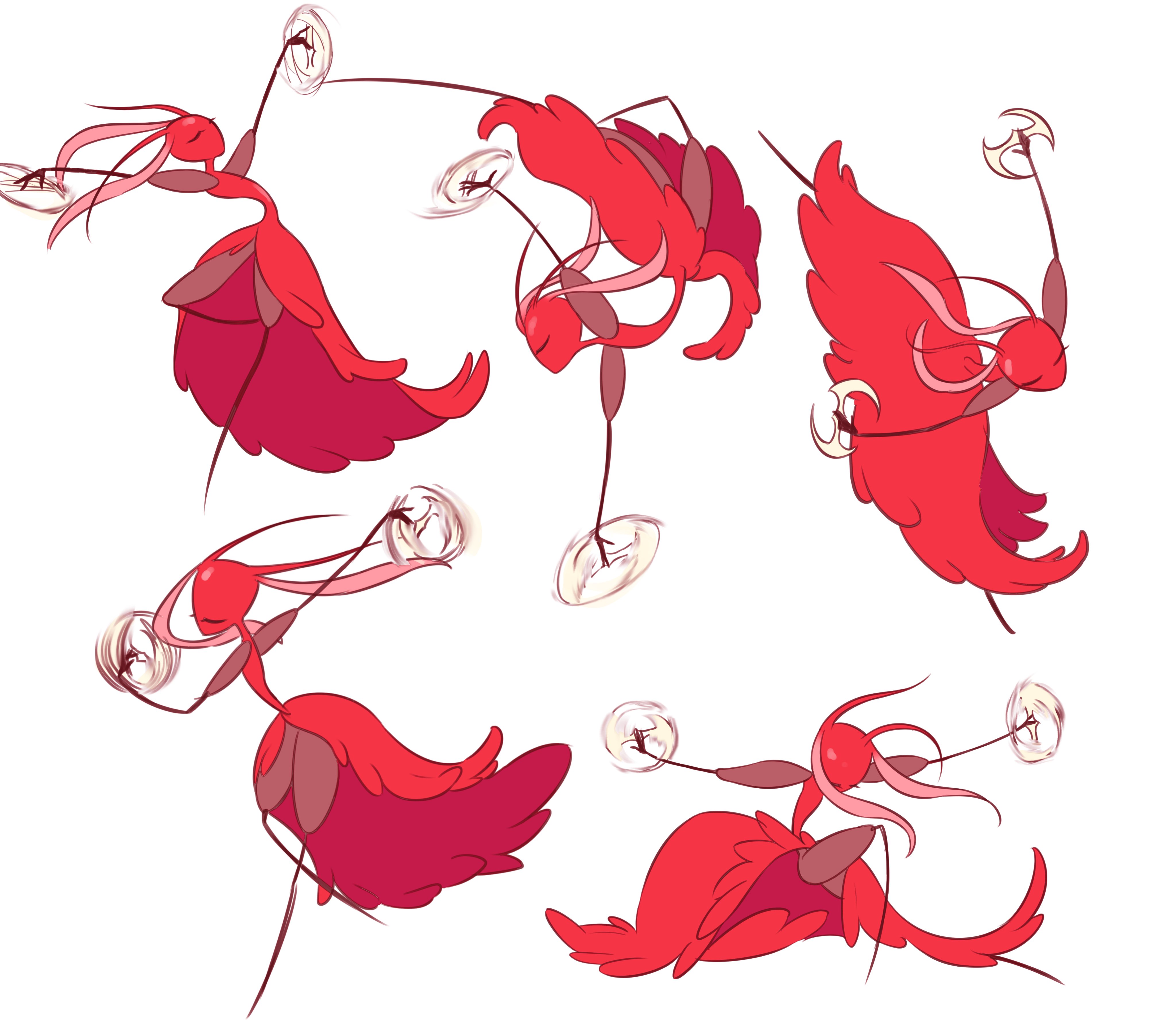 hollow knight, hollow knight: silksong, absurdres, commentary request, highres, korean commentary, 1girl, ant girl, arthropod girl, closed eyes, colored skin, dancing, dual wielding, holding, holding weapon, multiple views, red skin, sema beza, simple background, skarrsinger karmelita (hollow knight), spinning weapon, standing, standing on one leg, weapon, white background