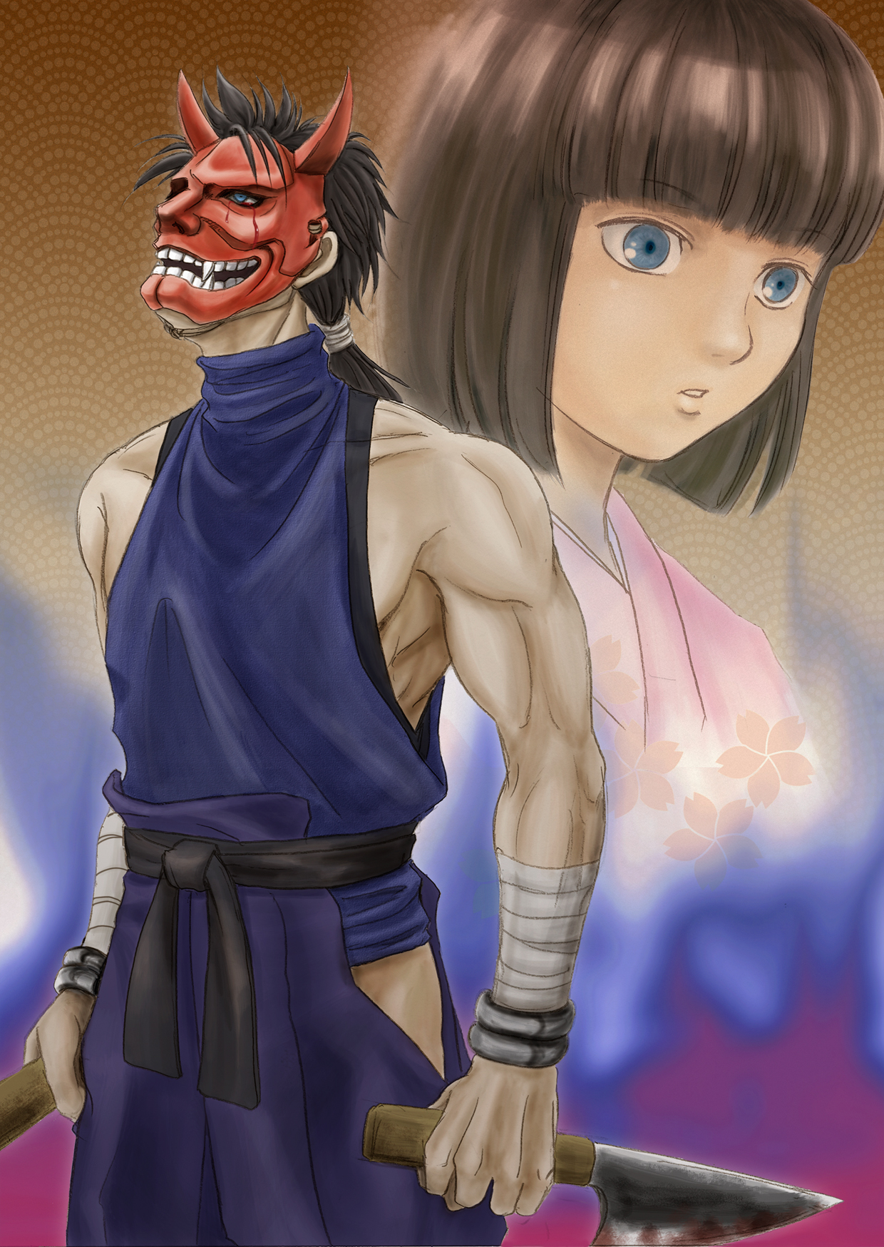 guwange, commentary request, highres, 1boy, 1girl, bare shoulders, black hair, blue eyes, bob cut, dual wielding, holding, japanese clothes, kimono, long hair, low ponytail, mask, mikoto (guwange), mira wh, oni mask, parted lips, ponytail, shishin (guwange), short hair, weapon