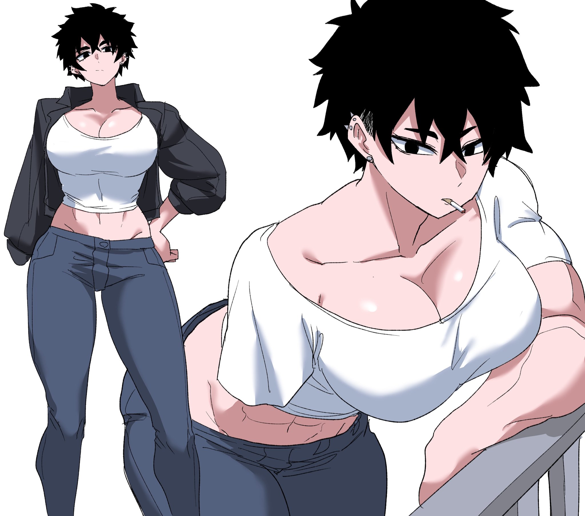 nasu (ilo a5), original, highres, 1girl, abs, amputee, arm support, biceps, black eyes, black hair, black jacket, blue pants, breasts, closed mouth, crop top, full body, hand on own hip, jacket, jewelry, large breasts, looking at viewer, missing limb, muscular, muscular female, pants, shirt, short hair, solo, unlit cigarette in mouth, white shirt