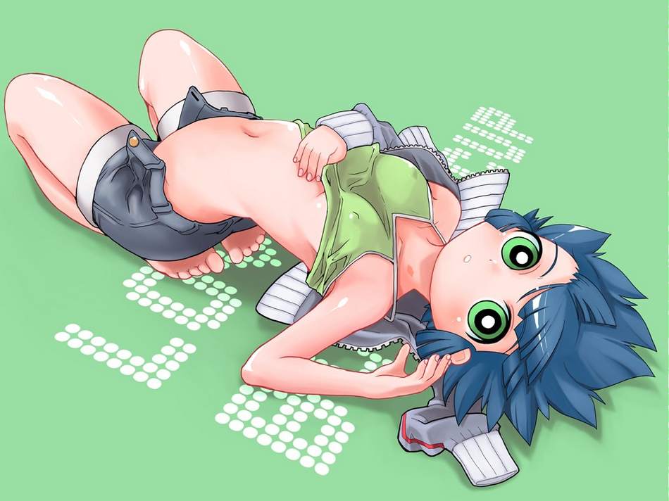 matsubara kaoru, powered buttercup, powerpuff girls, powerpuff girls z, artist request, 1girl, barefoot, black hair, blue hair, breasts, covered erect nipples, flat chest, green eyes, lying, midriff, navel, open fly, short hair, solo, underboob, unzipped