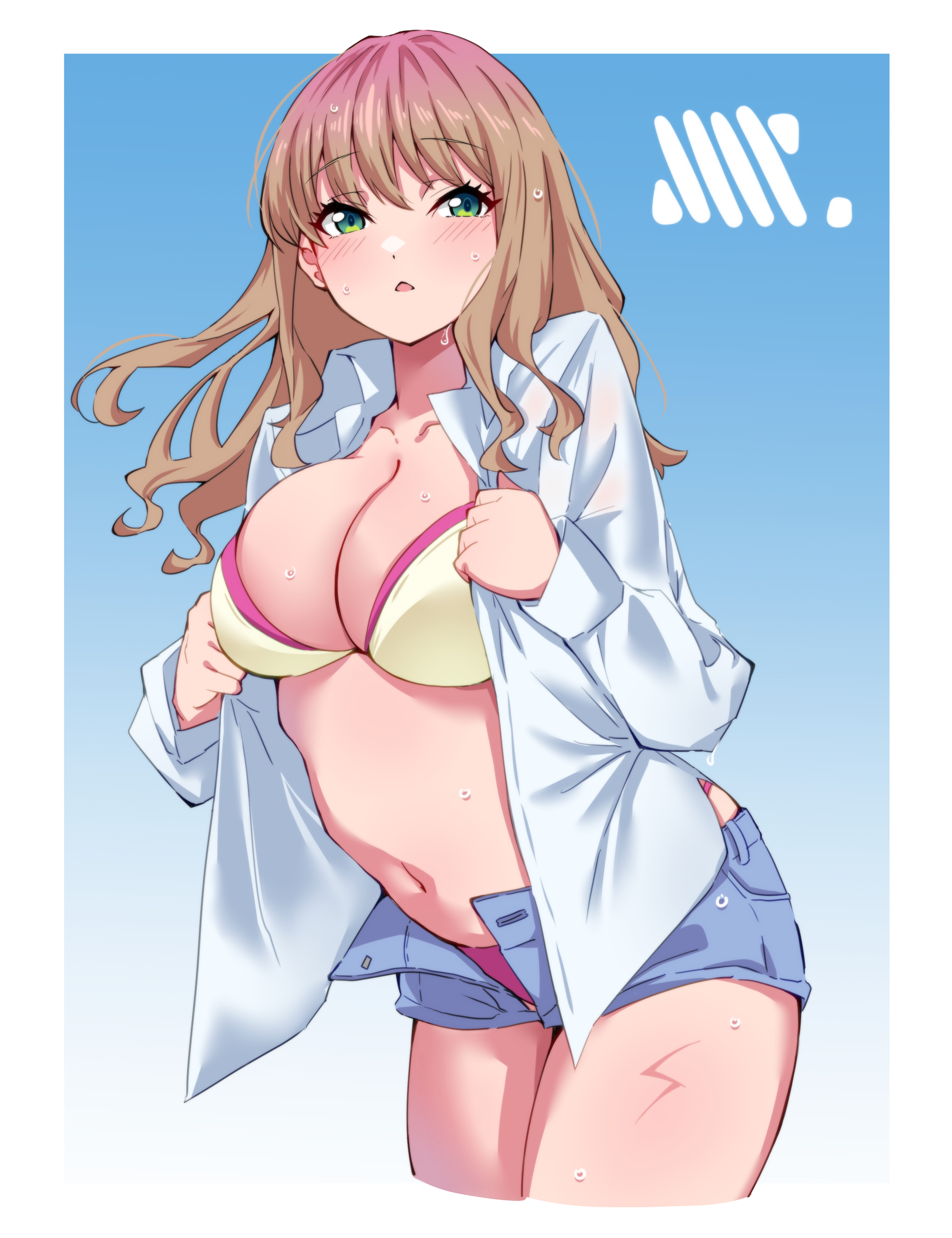 freedom xdrive, minami yume, gridman universe, ssss.dynazenon, absurdres, commentary request, highres, 1girl, bikini, blue background, blush, breasts, brown hair, collarbone, collared shirt, cropped legs, denim, denim shorts, green eyes, inset border, large breasts, layered bikini, long hair, looking at viewer, navel, open fly, open mouth, pink bikini, shirt, short shorts, shorts, simple background, solo, stomach, swimsuit, triangle mouth, two-tone background, wet, white background, white shirt, yellow bikini