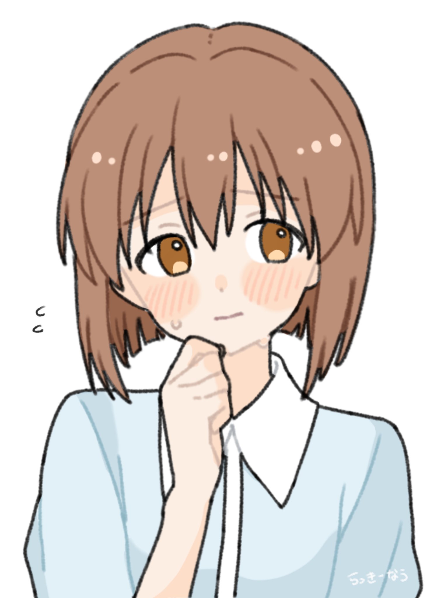 hagiwara yukiho, idolmaster, idolmaster (classic), highres, 1girl, ^^^, artist name, averting eyes, blue shirt, blush, brown eyes, brown hair, clenched hand, embarrassed, flying sweatdrops, hair between eyes, hand up, looking to the side, lucky now, medium hair, no pupils, raised eyebrows, shirt, simple background, solo, straight hair, sweat, upper body, white background