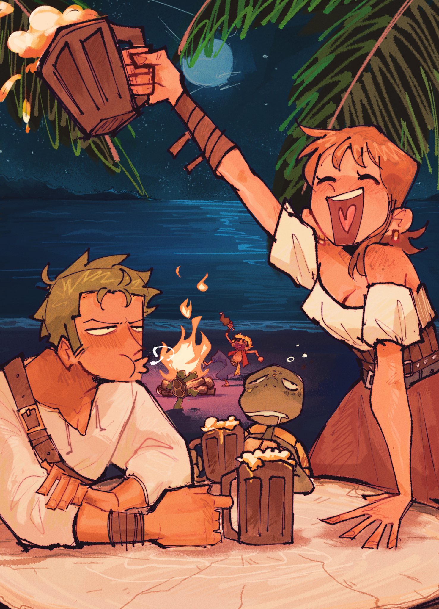 sage (redbeanp13), monkey d. luffy, nami (one piece), roronoa zoro, one piece, commentary, highres, symbol-only commentary, 1girl, 1other, 2boys, alcohol, arm support, arm up, bare shoulders, beach, beer, beer mug, black hair, blue shorts, boned meat, breasts, brown skirt, campfire, cleavage, closed eyes, cowboy shot, cup, drunk, earrings, fire, food, full moon, green hair, hat, holding, holding cup, horizon, jewelry, meat, medium breasts, moon, mug, multiple boys, night, night sky, ocean, off-shoulder shirt, off shoulder, open mouth, orange hair, outdoors, palm tree, puckered lips, red vest, shirt, short hair, shorts, sitting, skirt, sky, smile, standing, standing on one leg, star (sky), starry sky, straw hat, straw hat pirates, tree, tree stump, turtle, upper body, vest, white shirt