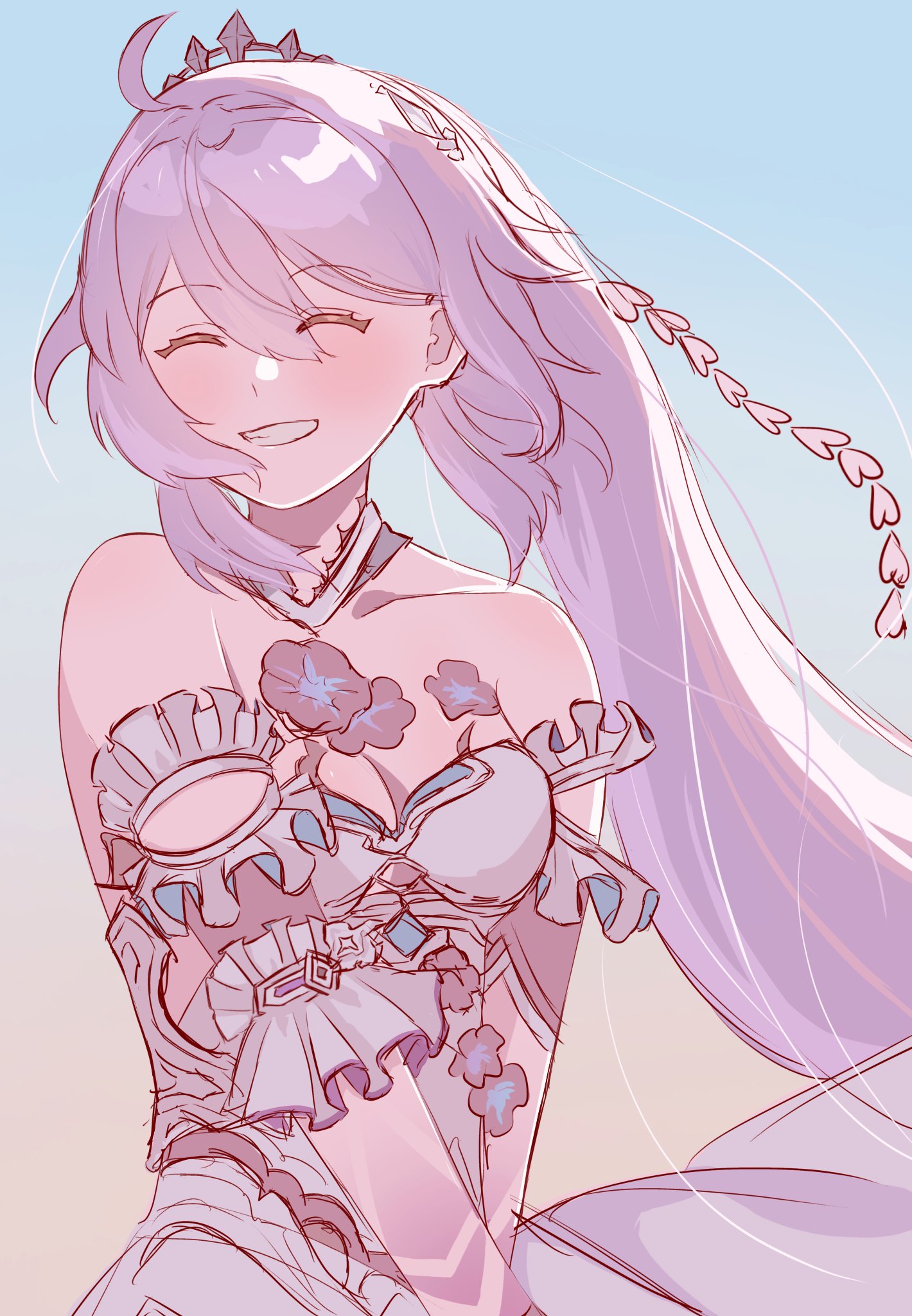 kiana kaslana, kiana kaslana (herrscher of finality), honkai (series), honkai impact 3rd, highres, 1girl, ahoge, bare shoulders, biwa5uuu, breasts, cleavage, closed eyes, detached sleeves, dress, flower, frills, hair between eyes, happy, long hair, ponytail, purple flower, tiara, white dress