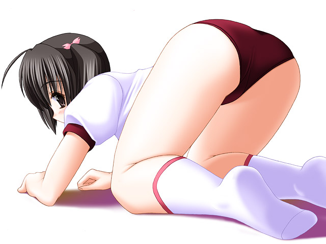 yuzuhara konomi, to heart (series), to heart 2, non-web source, 00s, 1girl, all fours, ass, black hair, buruma, female focus, gym uniform, short hair, solo, twintails