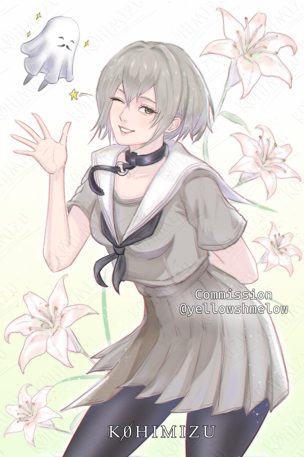 akagi hina, nier (series), nier reincarnation, commentary, commission, english commentary, highres, 1girl, arm behind back, artist name, black collar, black neckerchief, black pantyhose, collar, commissioner name, double-parted bangs, flower, grey hair, grey skirt, k0himizu, leaning forward, looking at viewer, neckerchief, one eye closed, pantyhose, pink lips, pleated skirt, sheet ghost, skirt, smile, solo, star (symbol), teeth, twitter username, waving, white flower, yellow eyes