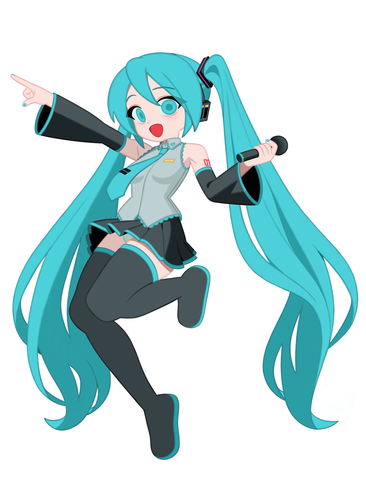 monster l (hochihochiha), hatsune miku, vocaloid, highres, 1girl, bare shoulders, black skirt, black sleeves, black thighhighs, blue eyes, blue hair, blue nails, detached sleeves, full body, grey shirt, holding, holding microphone, long hair, long sleeves, microphone, pointing, shirt, simple background, skirt, solo, thighhighs, twintails, underwear, very long hair, white background, wide sleeves