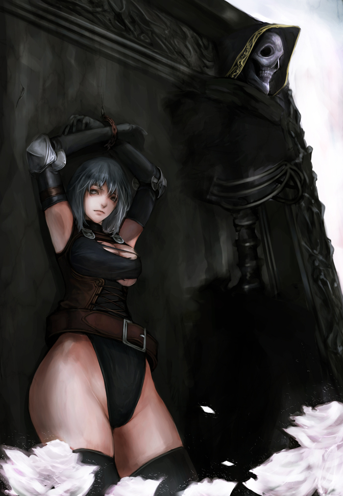 asanuma, death (entity), grim reaper, fantasy earth, bad id, bad pixiv id, 1girl, armpits, bdsm, belt, black hair, blue hair, bone, chain, elbow gloves, gloves, goth fashion, green hair, hood, leotard, restrained, skeleton, skull, thighhighs, torn clothes