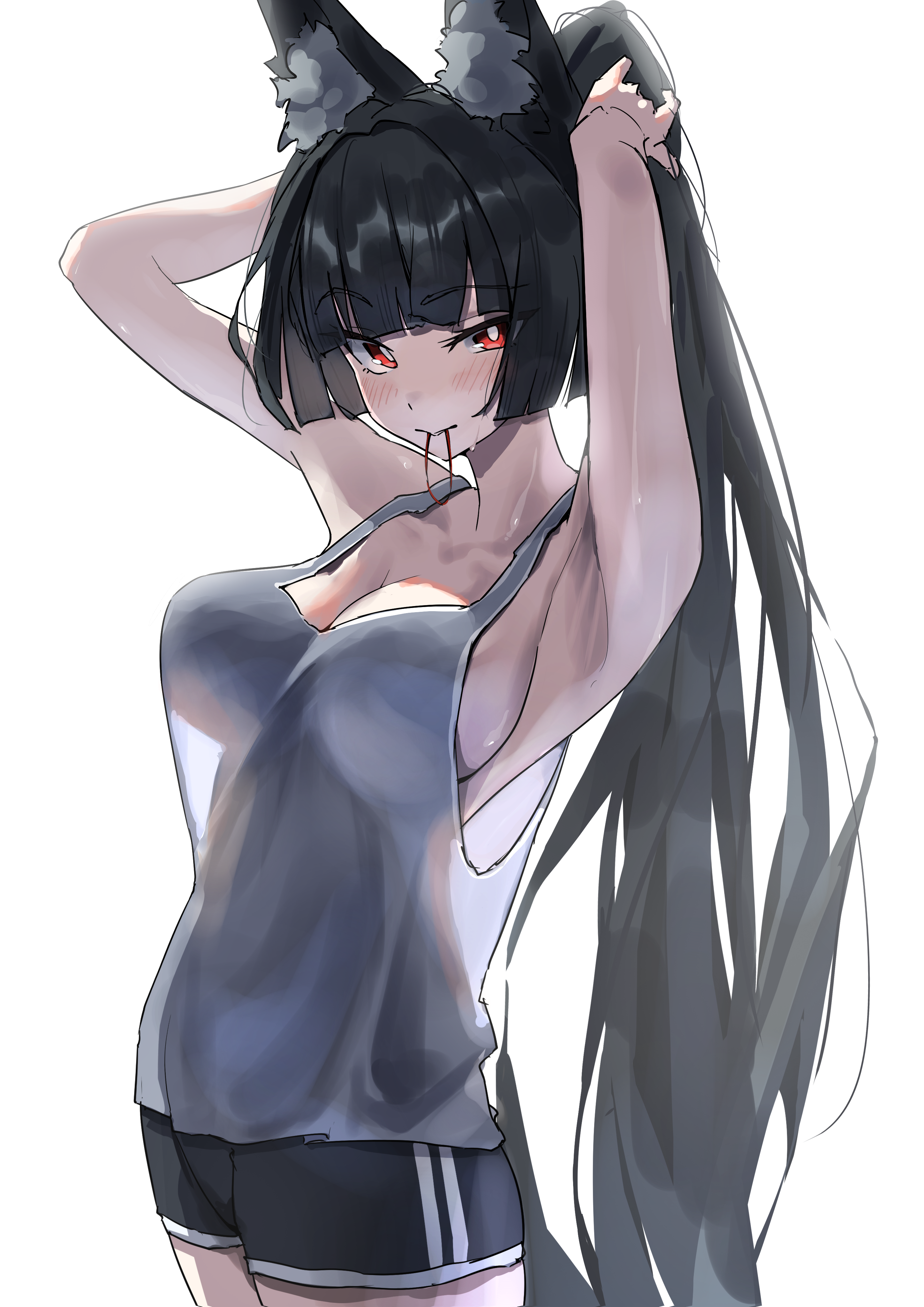 tora (kumo sakamoto), hoshimi miyabi, zenless zone zero, absurdres, highres, 1girl, animal ears, armpits, black hair, breasts, closed mouth, fox ears, large breasts, ponytail, red eyes, see-through clothes, shorts, simple background, solo, white background