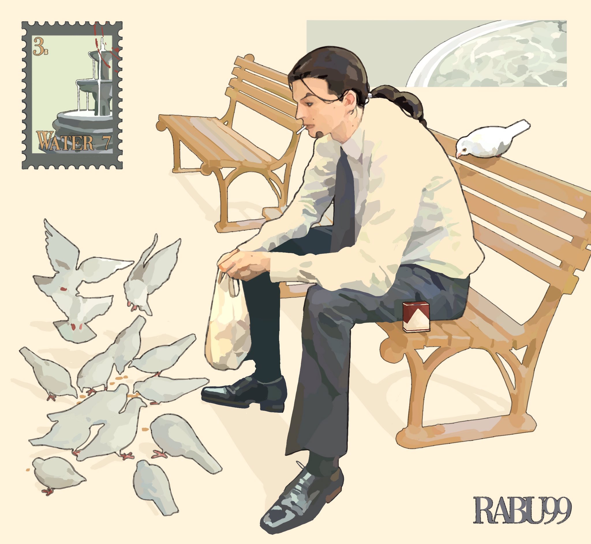 rob lucci, one piece, hashtag-only commentary, highres, 1boy, artist name, bag, bird, black hair, black necktie, black shoes, cigarette, facial hair, full body, goatee, holding, holding bag, necktie, pigeon, ponytail, postage stamp, rabu99, shirt, shoes, white shirt