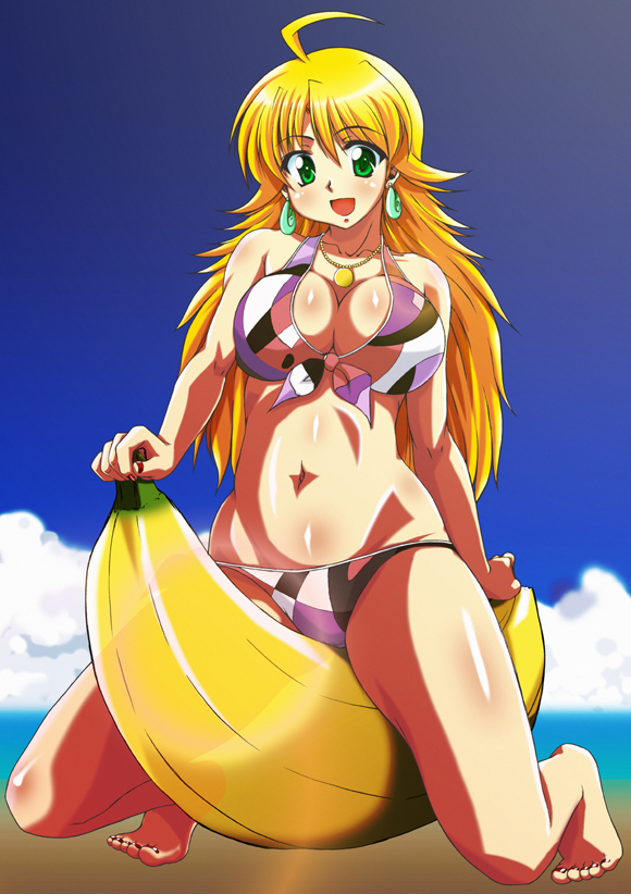 rikumoto yoshiyuki, hoshii miki, idolmaster, idolmaster (classic), idolmaster 1, 00s, 1girl, ahoge, banana, banana boat, barefoot, beach, bikini, blonde hair, blush, breasts, cleavage, cloud, day, earrings, feet, female focus, food, front-tie top, fruit, green eyes, jewelry, large breasts, long hair, lowleg, lowleg bikini, nail polish, navel, necklace, on banana, outdoors, red nails, sexually suggestive, sky, solo, straddling, swimsuit, toenail polish, toenails