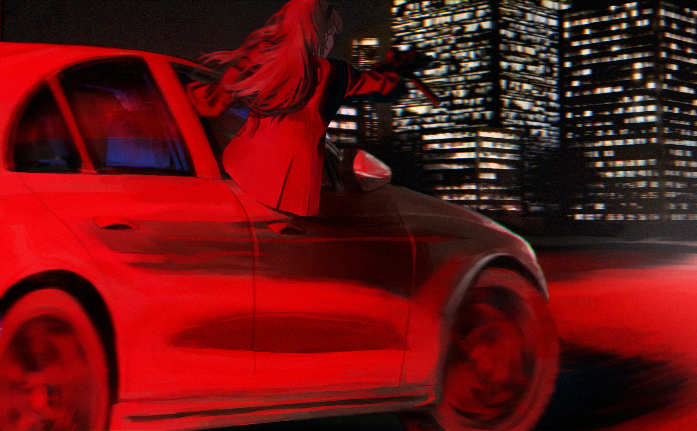an-94 (girls' frontline), bmw, girls' frontline, highres, 1girl, car, city lights, cityscape, from behind, hairband, jacket, k0ushou, leaning out of window, long hair, motion blur, motor vehicle, red theme, solo, suit jacket
