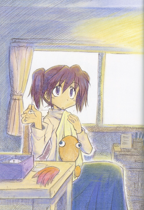 asou natsumi, sketchbook full colors, scan, 00s, 1girl, female focus, mouth hold, needle, puppet, sewing, solo, twintails