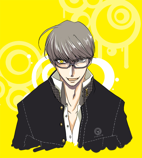hirose wataru, komine minamo, narukami yu, shadow (persona), atlus, persona, persona 4, bad id, bad pixiv id, 1boy, glasses, grey hair, heterochromia, male focus, short hair, solo, yellow eyes